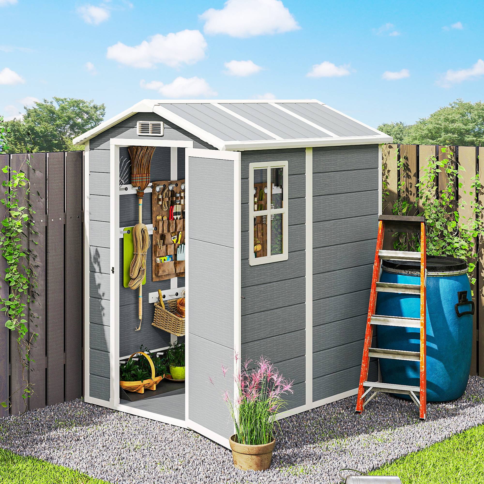 ComfortXL - Abri de jardin en résine polypropylène gris 131 x 186 x 198 cm avec plancher fenêtre porte verrouillable extérieur - Image 10