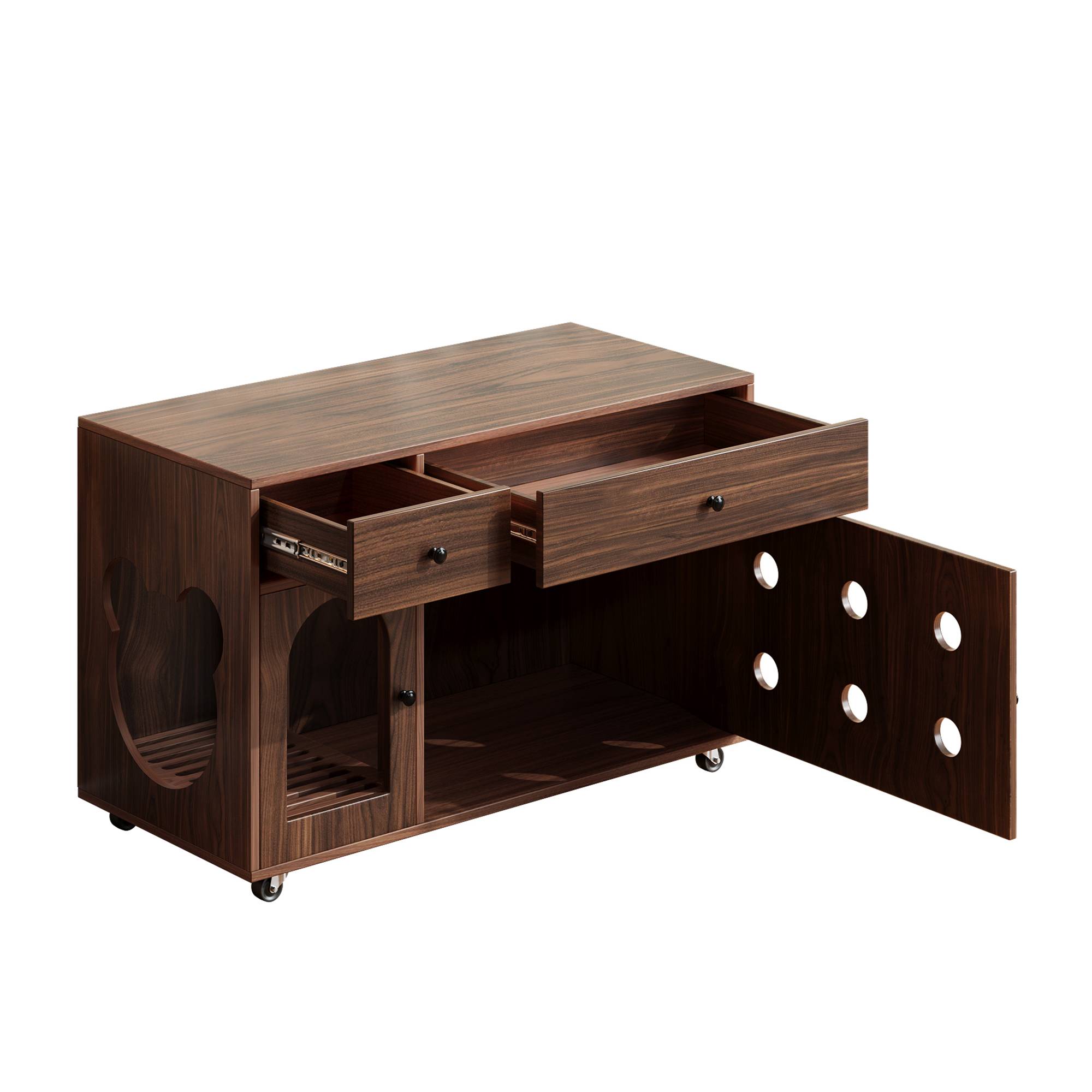 Maison de toilette pour chat avec tiroirs et plateau collecteur 100 x 45 x 66 cm MDF noyer - PANGIVO - Image 9