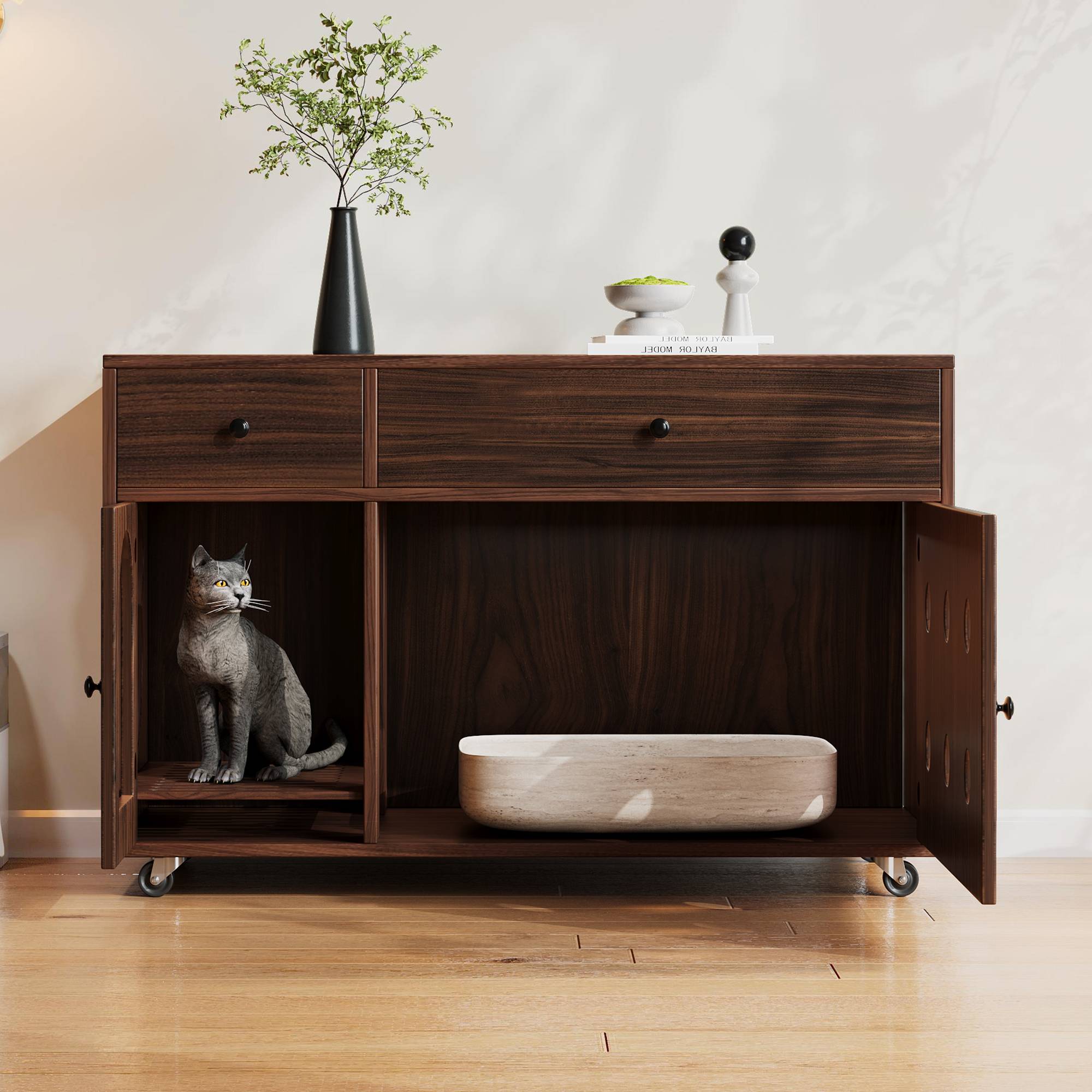 Maison de toilette pour chat avec tiroirs et plateau collecteur 100 x 45 x 66 cm MDF noyer - PANGIVO - Image 5