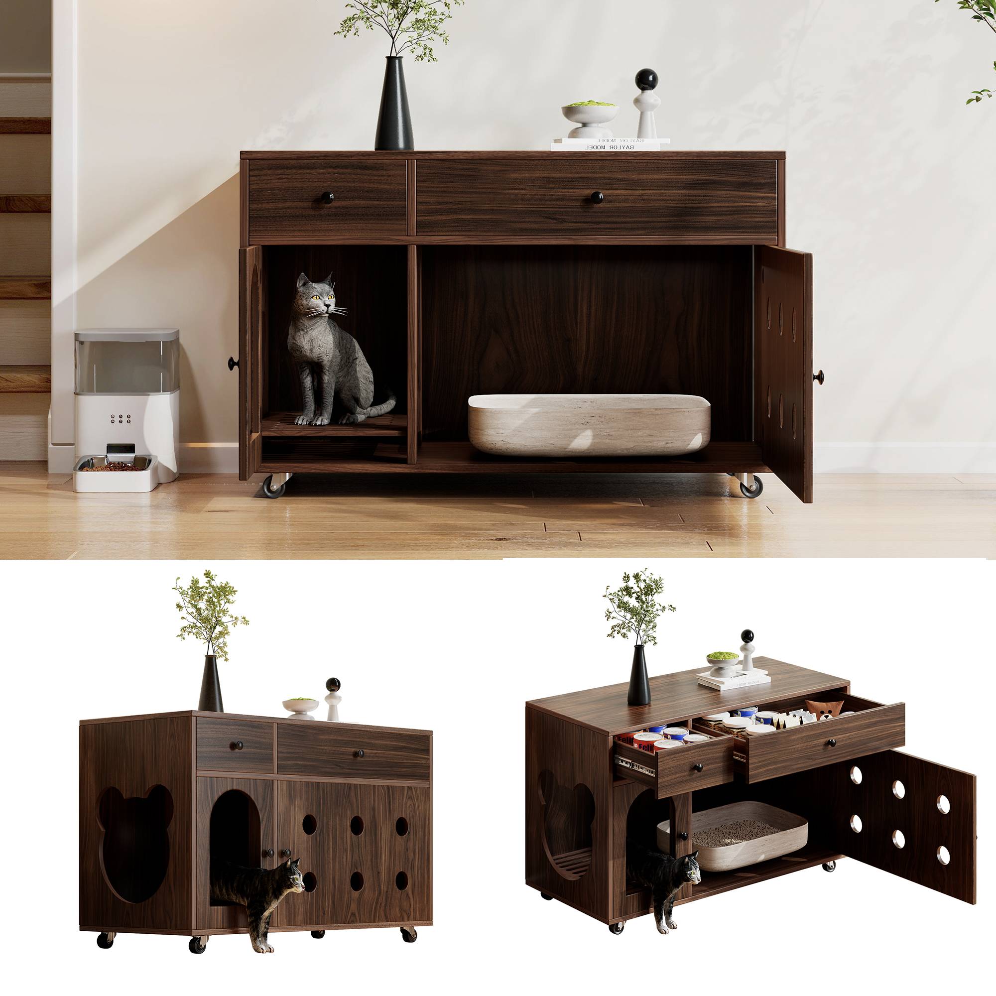 Maison de toilette pour chat avec tiroirs et plateau collecteur 100 x 45 x 66 cm MDF noyer - PANGIVO - Image 3