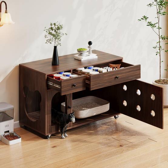 Maison de toilette pour chat avec tiroirs et plateau collecteur 100 x 45 x 66 cm MDF noyer - PANGIVO - Image 2
