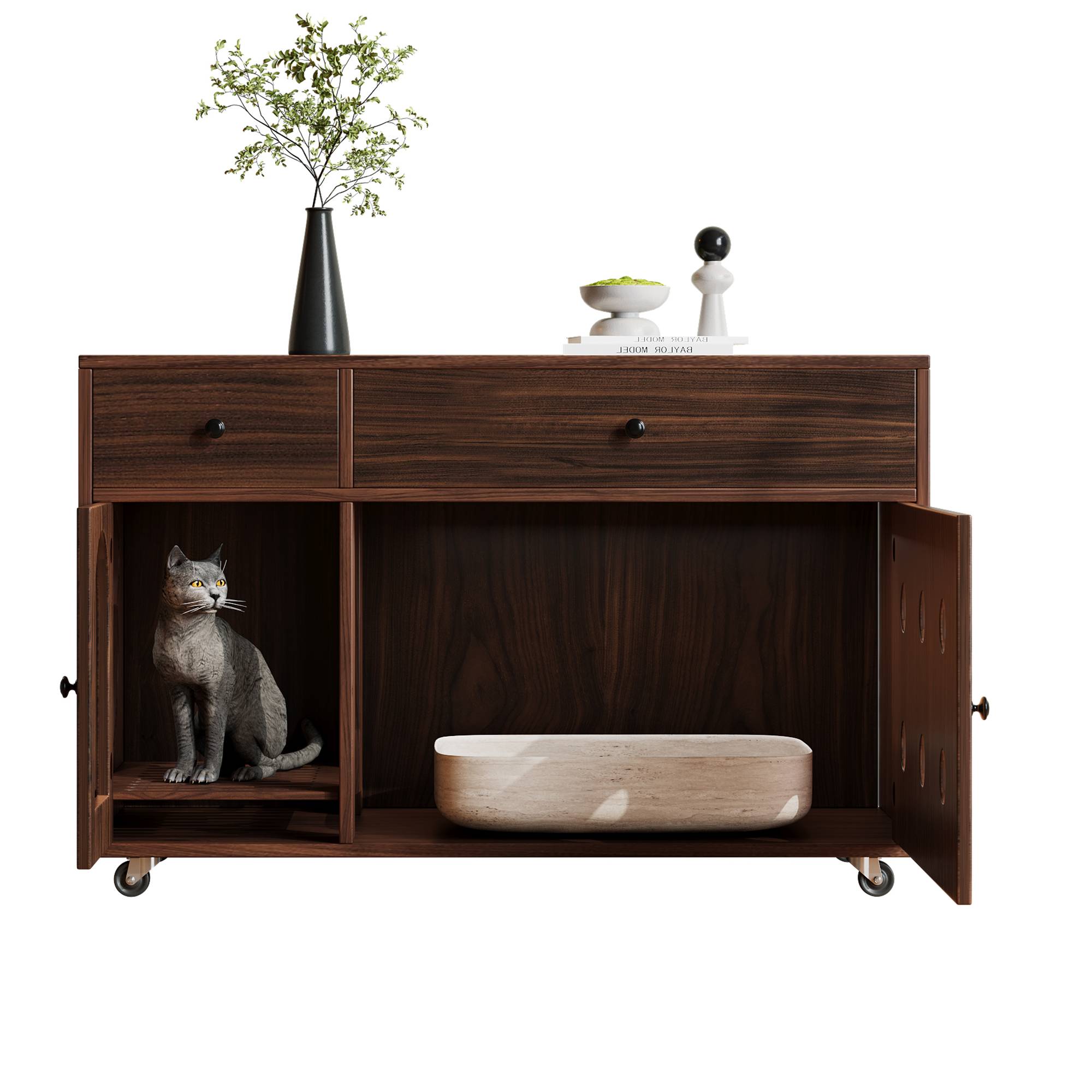 Maison de toilette pour chat avec tiroirs et plateau collecteur 100 x 45 x 66 cm MDF noyer - PANGIVO - Image 7