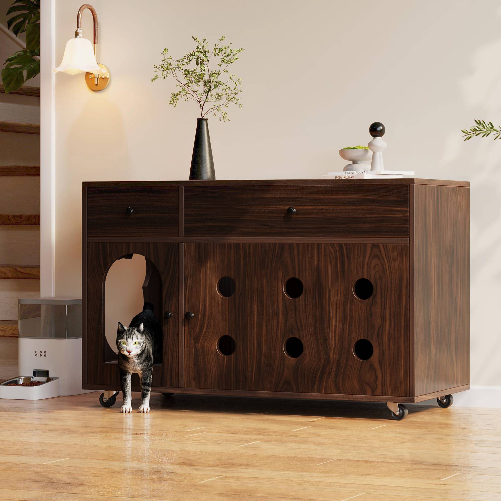 Maison de toilette pour chat avec tiroirs et plateau collecteur 100 x 45 x 66 cm MDF noyer - PANGIVO - Image 4