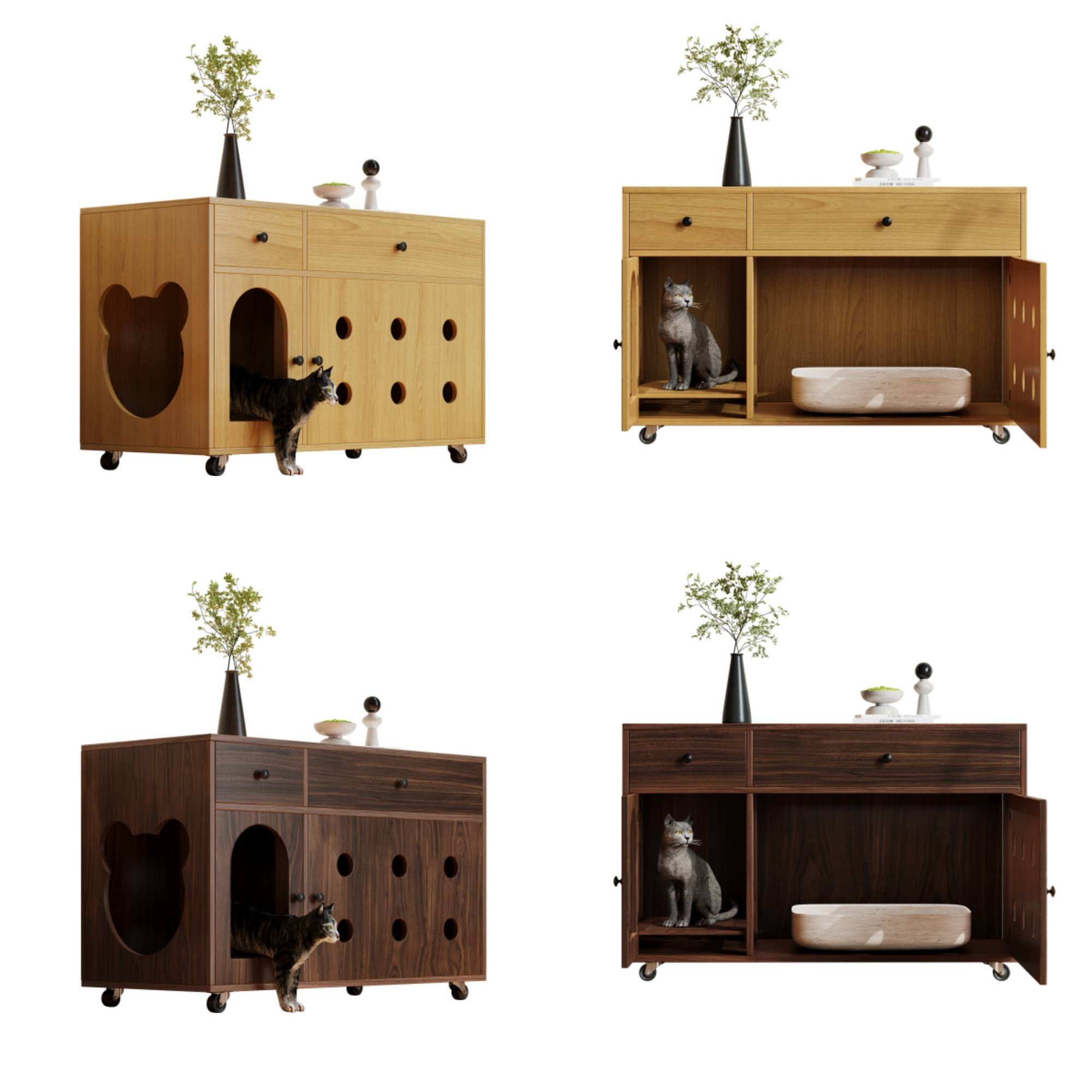 Maison de toilette pour chat avec tiroirs et plateau collecteur 100 x 45 x 66 cm MDF noyer - PANGIVO - Image 10