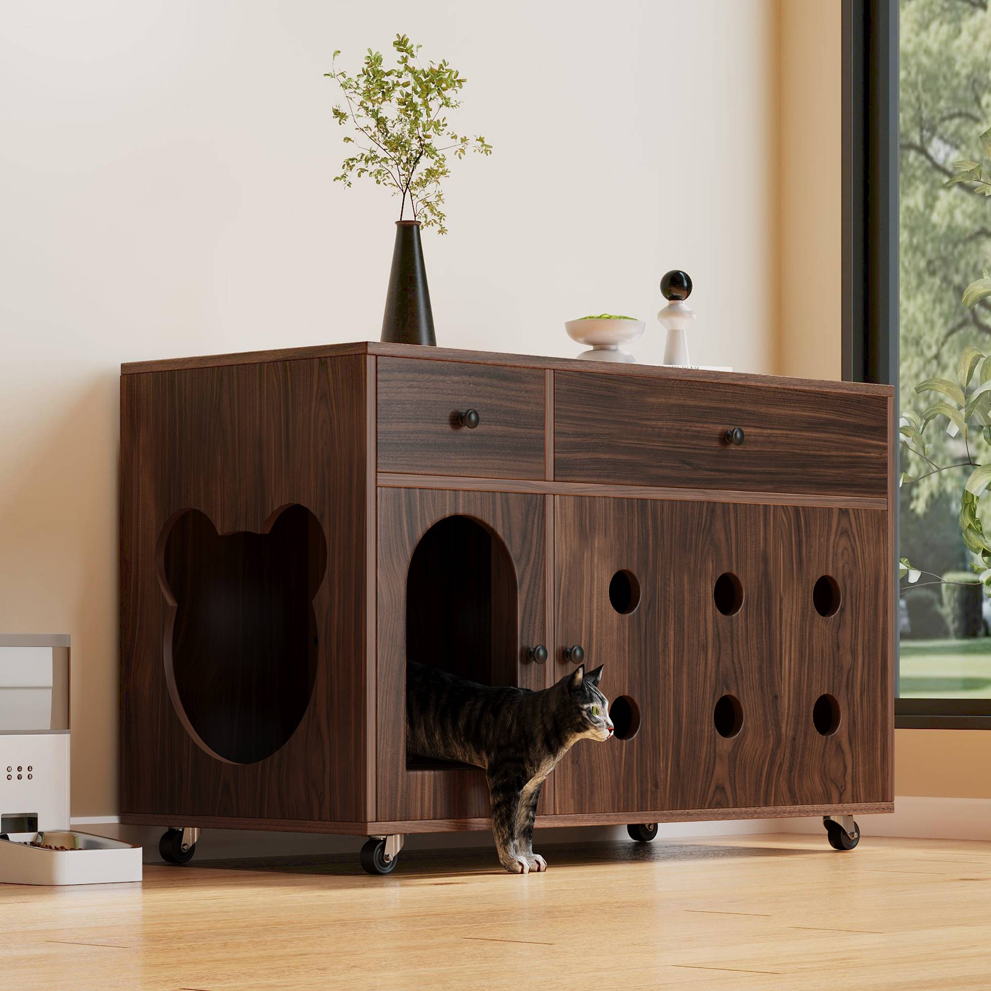 Maison de toilette pour chat avec tiroirs et plateau collecteur 100 x 45 x 66 cm MDF noyer - PANGIVO - Image 1