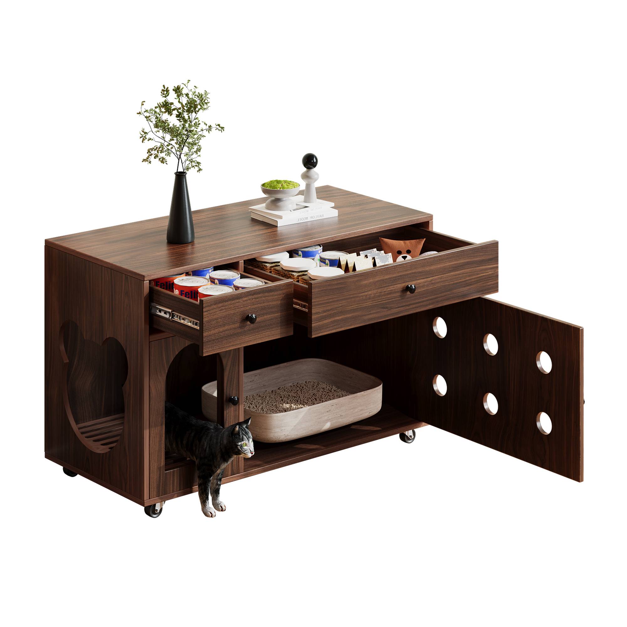 Maison de toilette pour chat avec tiroirs et plateau collecteur 100 x 45 x 66 cm MDF noyer - PANGIVO - Image 6