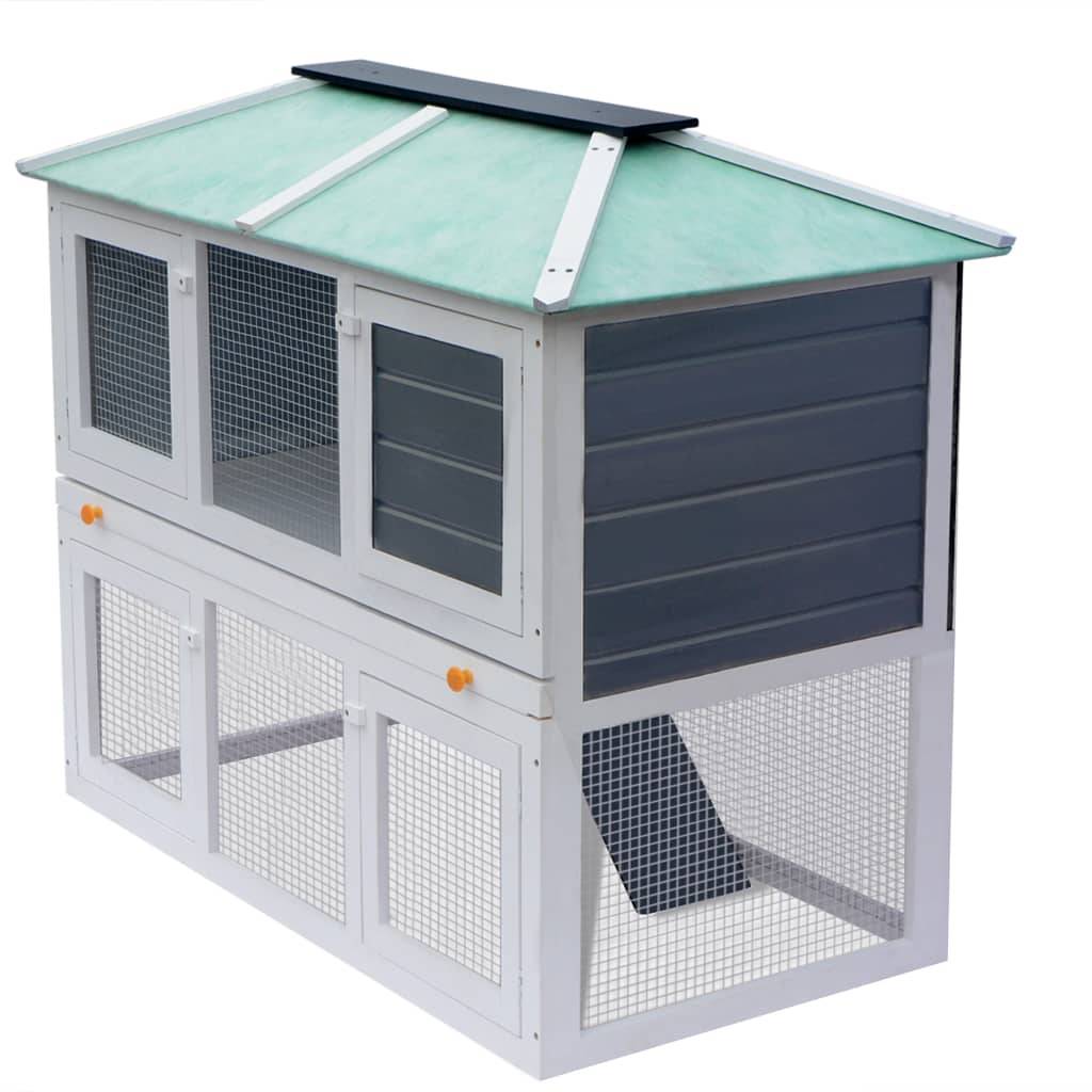 Clapier double étage en bois pour lapins avec enclos sécurisé Blanc et Vert – ComfortXL Outdoor Living