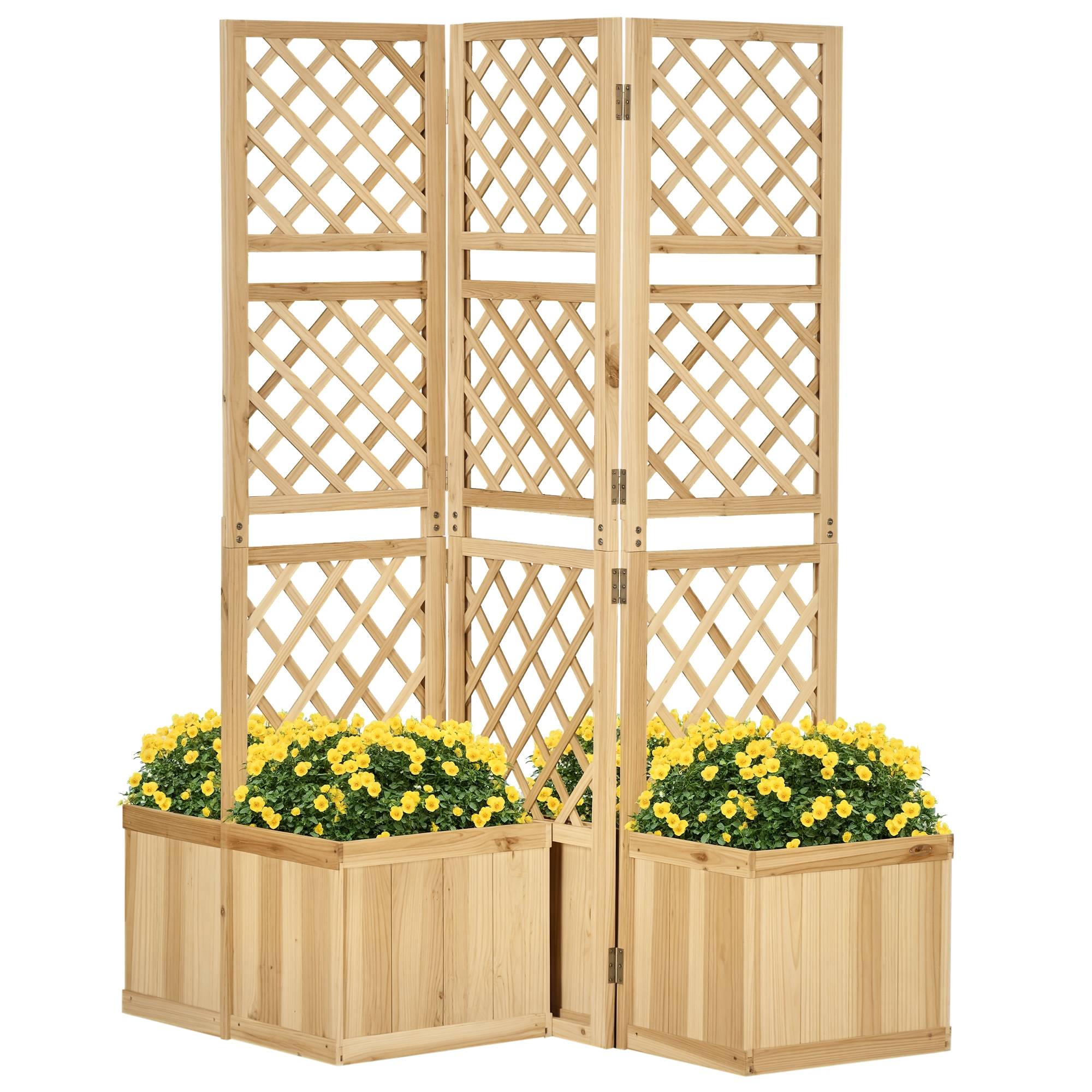 Paravent pliable, brise-vue pour jardin, triple pliage, 4 jardinières, bois massif, couleur naturelle, 133 x 62 x 165 cm - Image 1