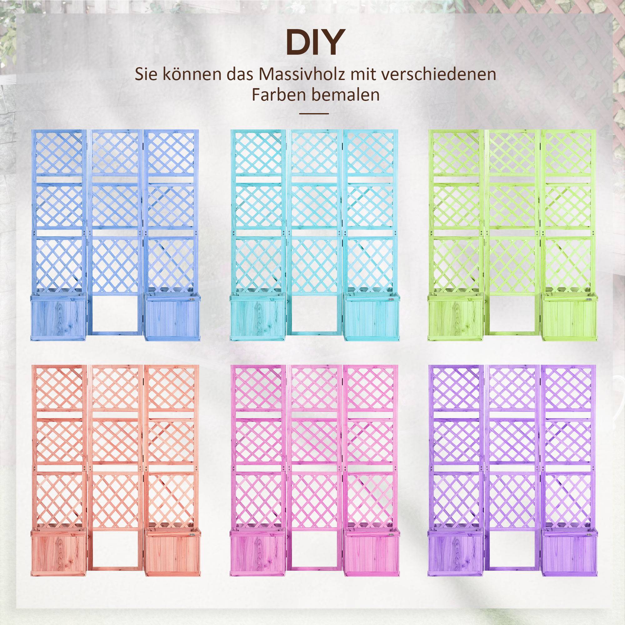 Paravent pliable, brise-vue pour jardin, triple pliage, 4 jardinières, bois massif, couleur naturelle, 133 x 62 x 165 cm - Image 9