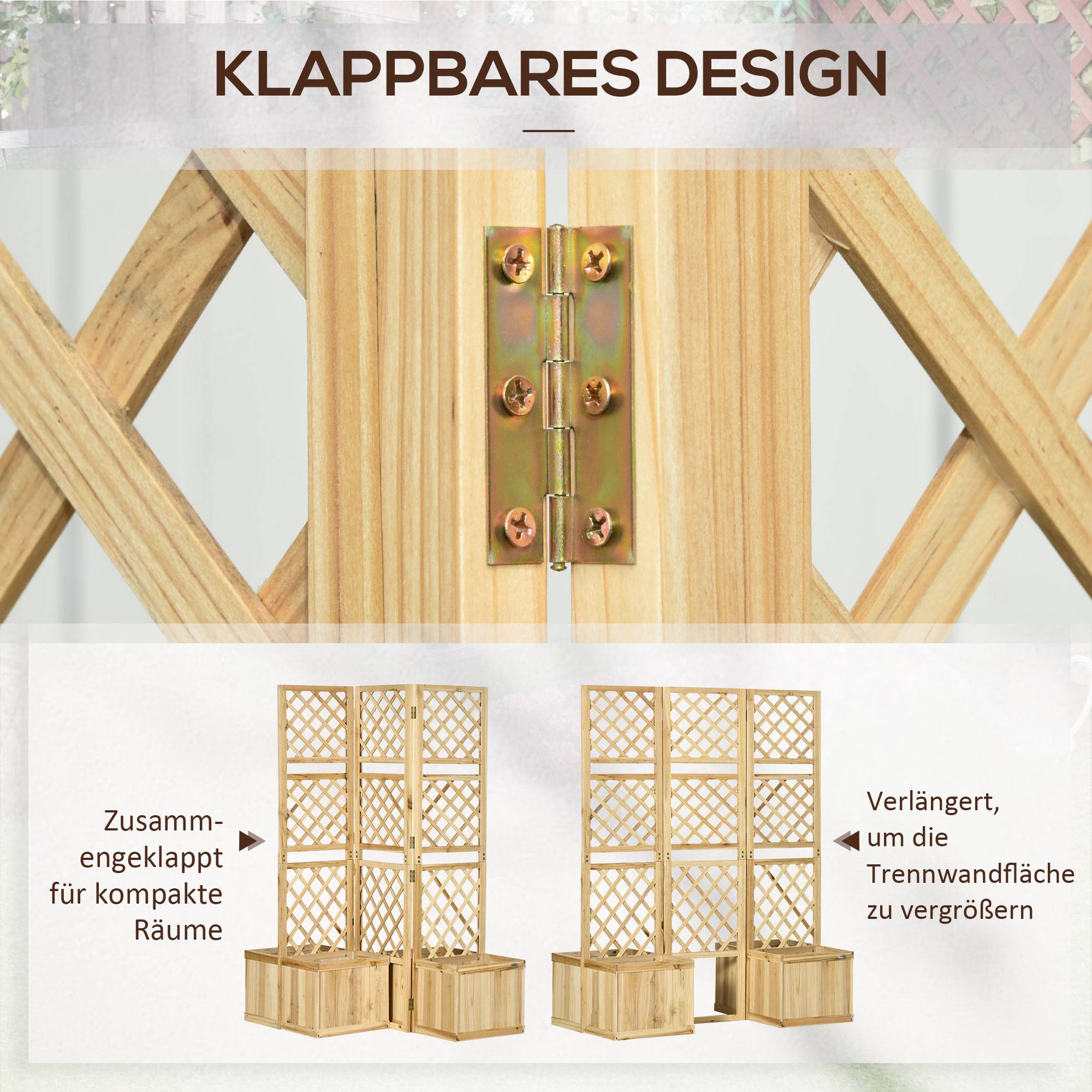 Paravent pliable, brise-vue pour jardin, triple pliage, 4 jardinières, bois massif, couleur naturelle, 133 x 62 x 165 cm - Image 7