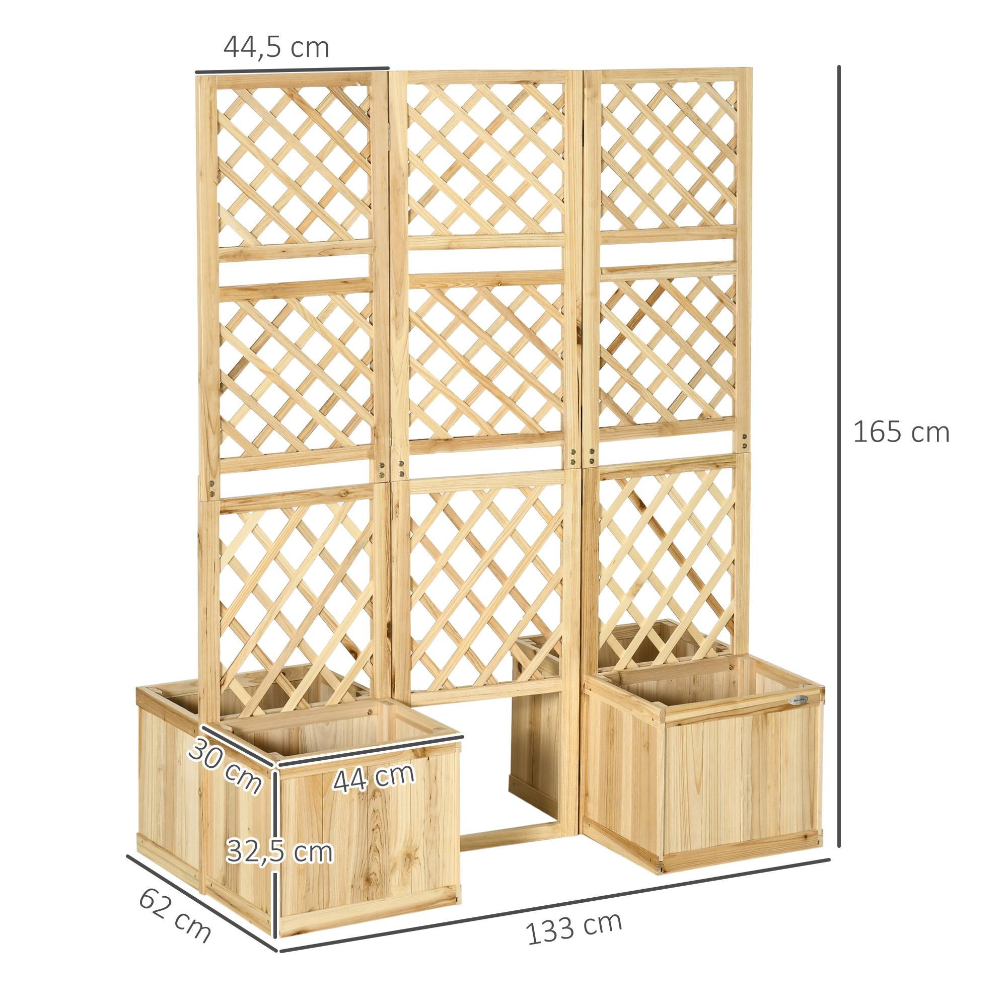 Paravent pliable, brise-vue pour jardin, triple pliage, 4 jardinières, bois massif, couleur naturelle, 133 x 62 x 165 cm - Image 5