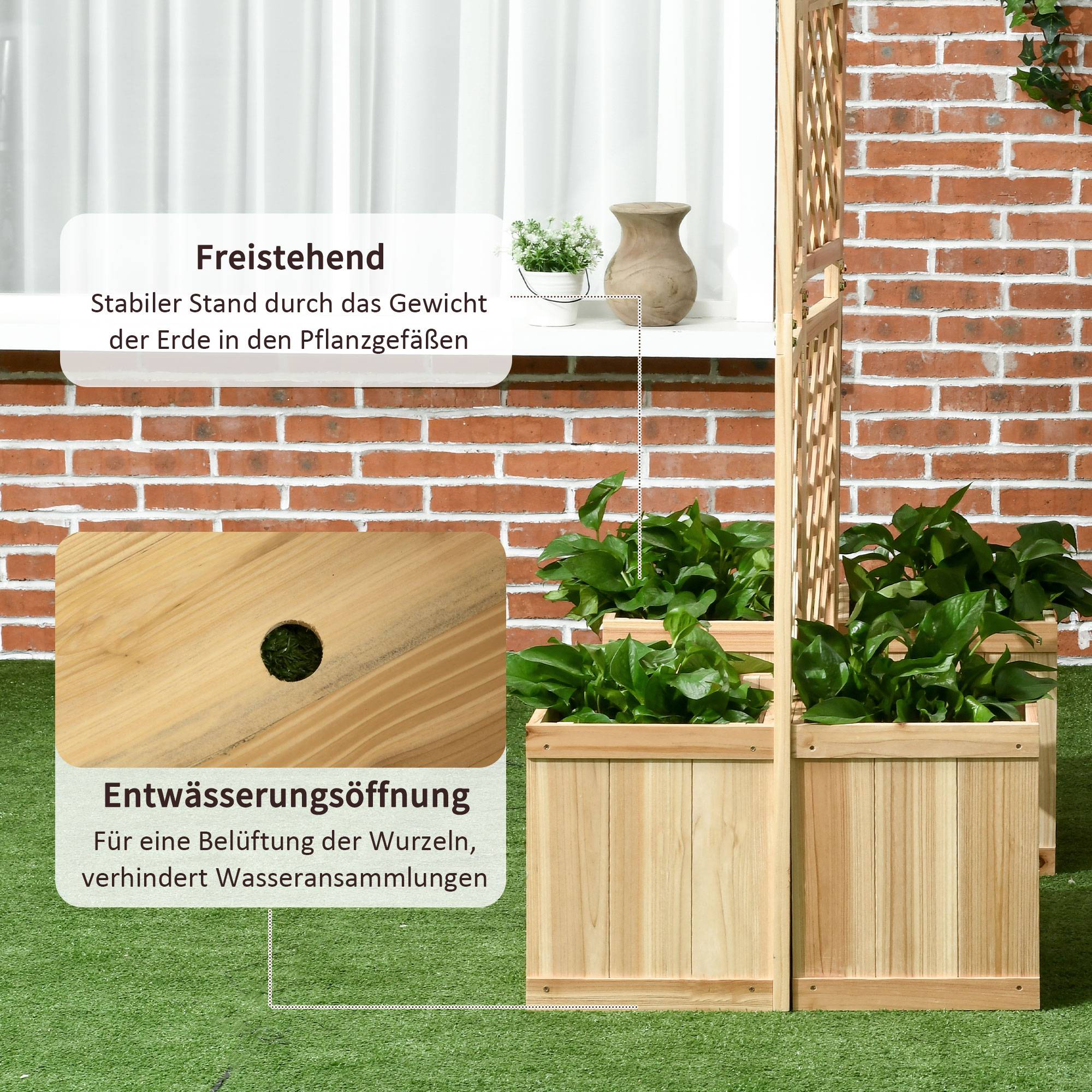 Paravent pliable, brise-vue pour jardin, triple pliage, 4 jardinières, bois massif, couleur naturelle, 133 x 62 x 165 cm - Image 8