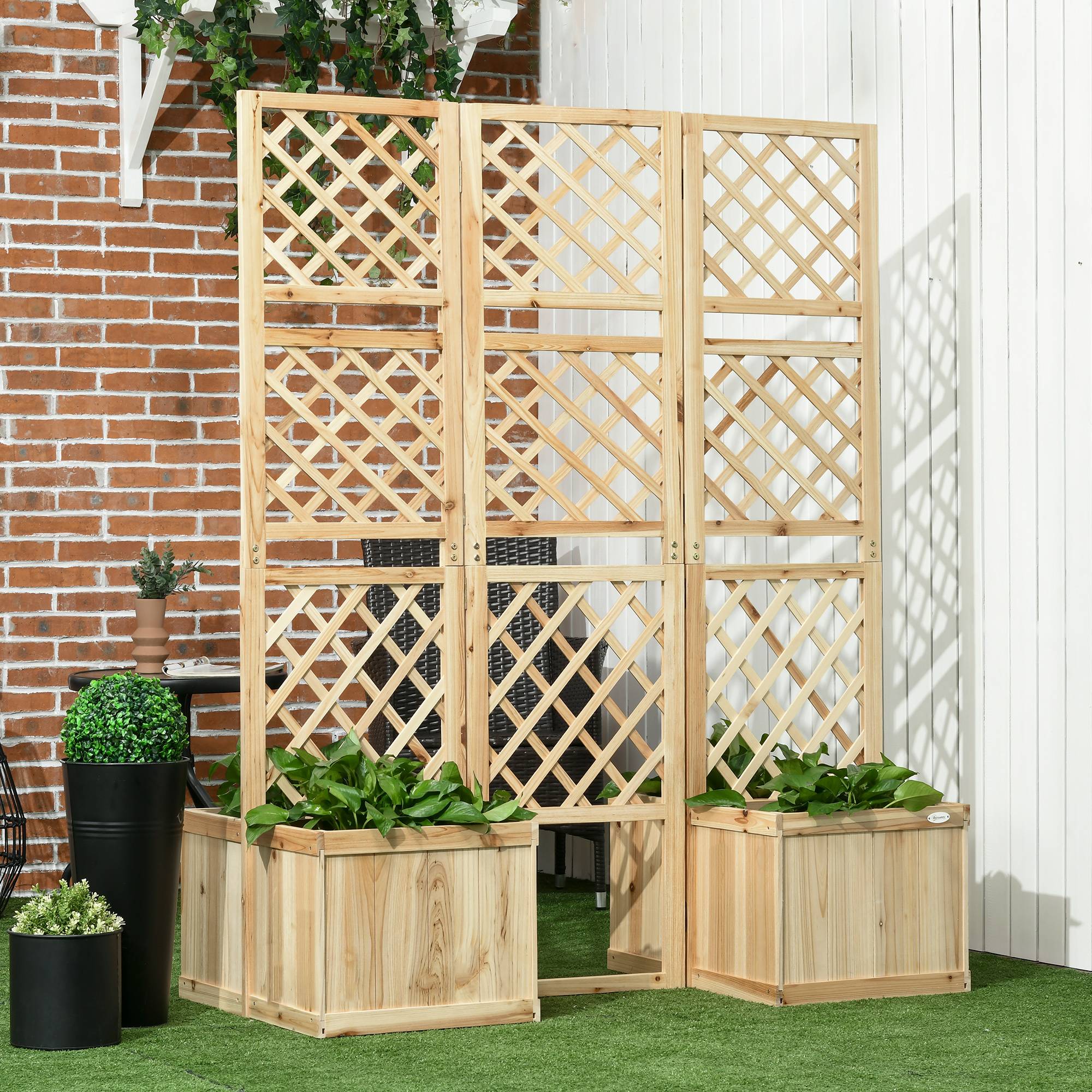 Paravent pliable, brise-vue pour jardin, triple pliage, 4 jardinières, bois massif, couleur naturelle, 133 x 62 x 165 cm - Image 4