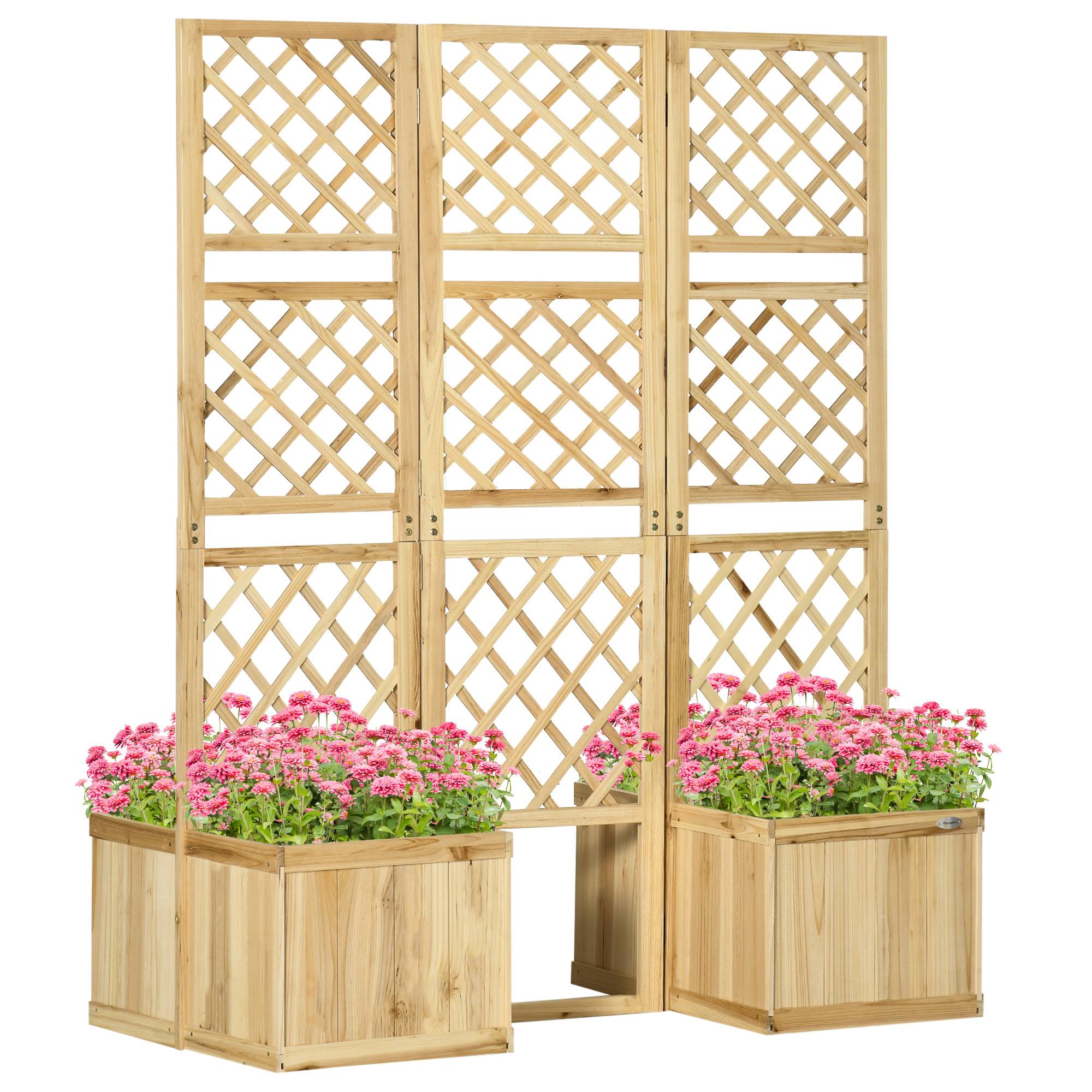 Paravent pliable, brise-vue pour jardin, triple pliage, 4 jardinières, bois massif, couleur naturelle, 133 x 62 x 165 cm - Image 2