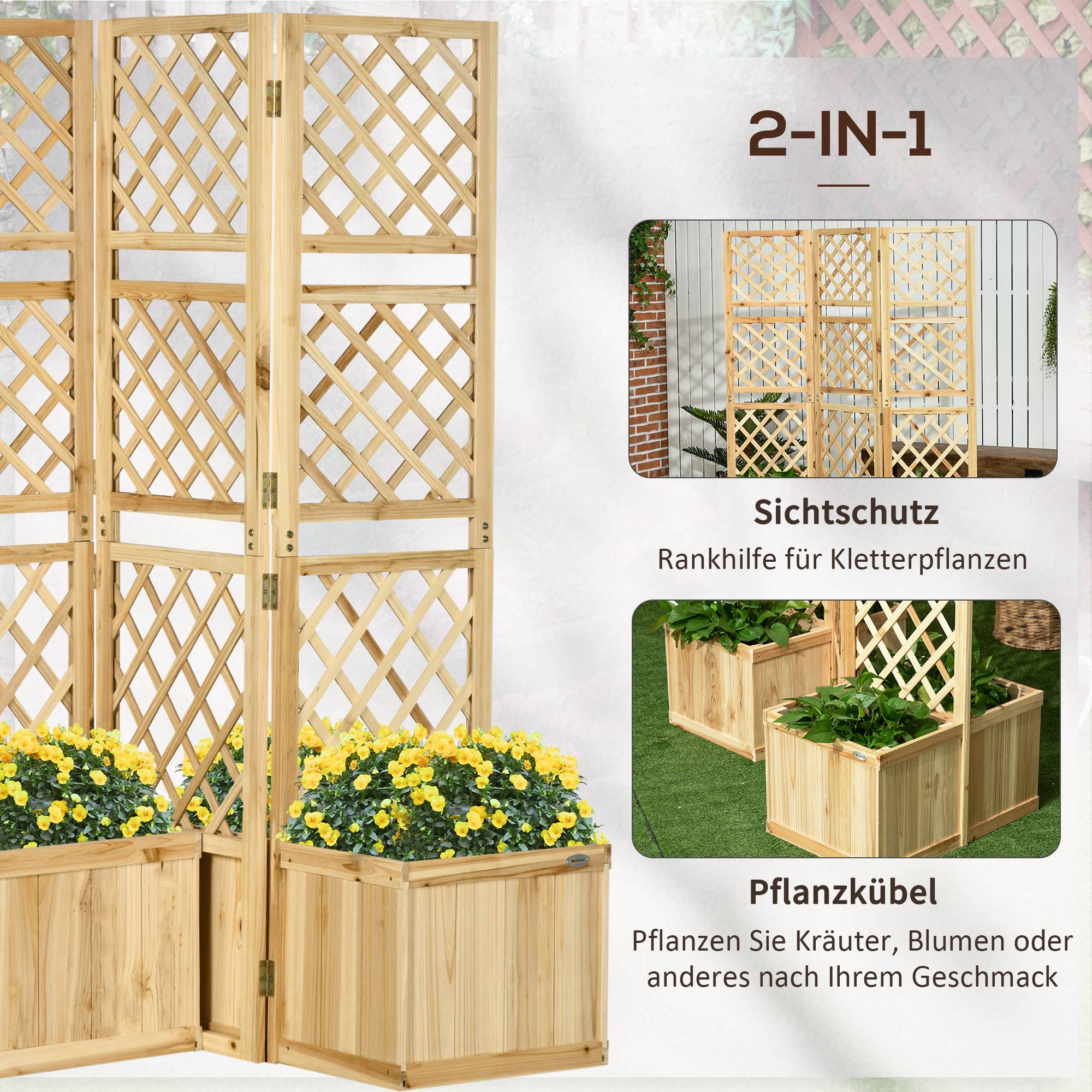 Paravent pliable, brise-vue pour jardin, triple pliage, 4 jardinières, bois massif, couleur naturelle, 133 x 62 x 165 cm - Image 6