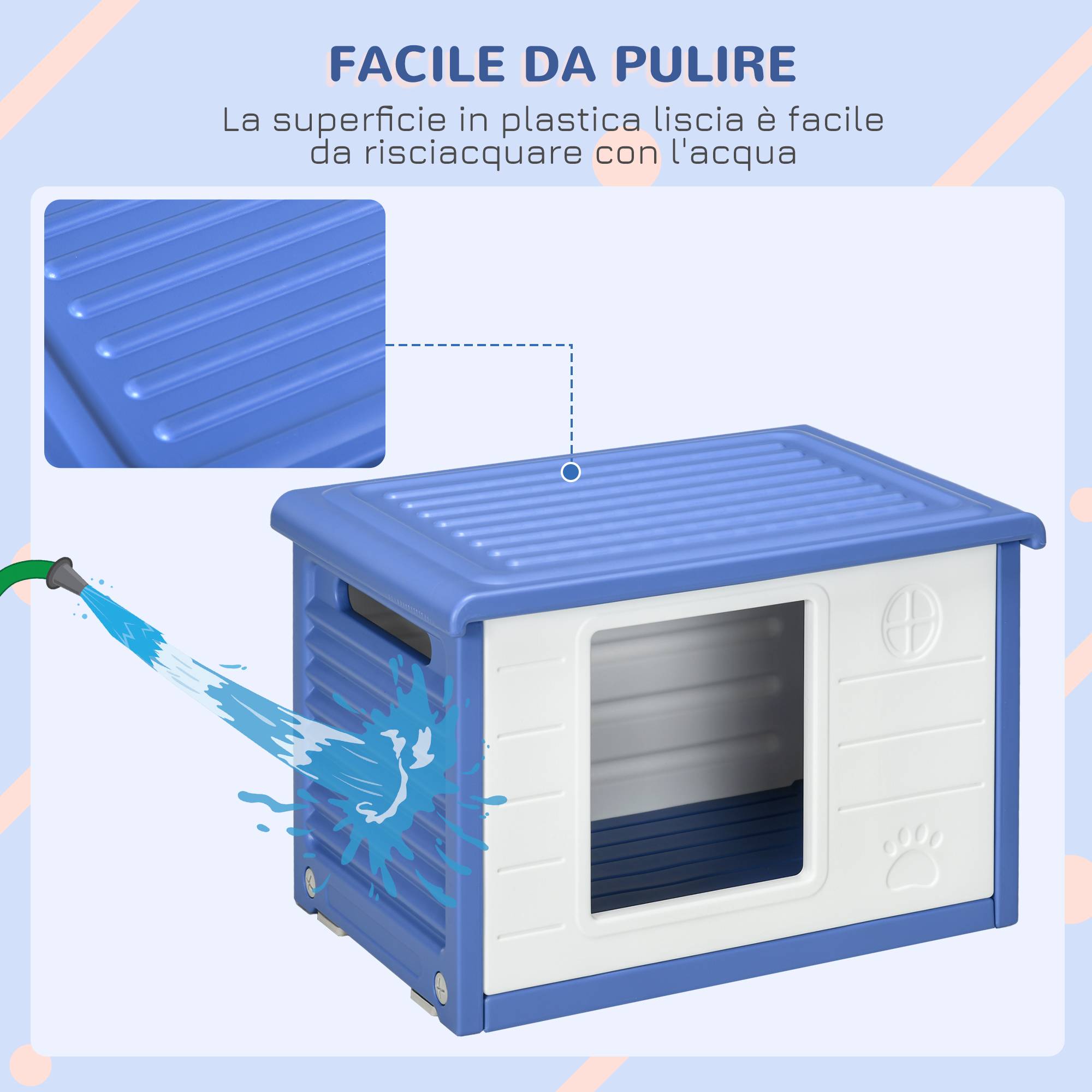 Niche d'extérieur pour petits chiens en polyéthylène avec entrée et 2 aérations latérales, 60 x 42 x 40 cm, bleu et blanc - Image 7
