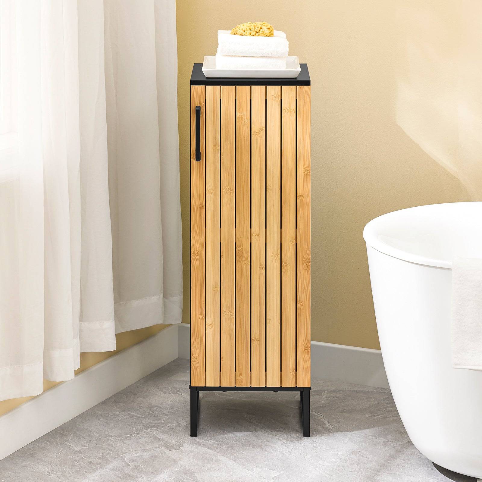 SoBuy Meuble de Rangement Étroit avec Portes en Bambou, Armoire WC Moderne pour Salle de Bains - Image 2