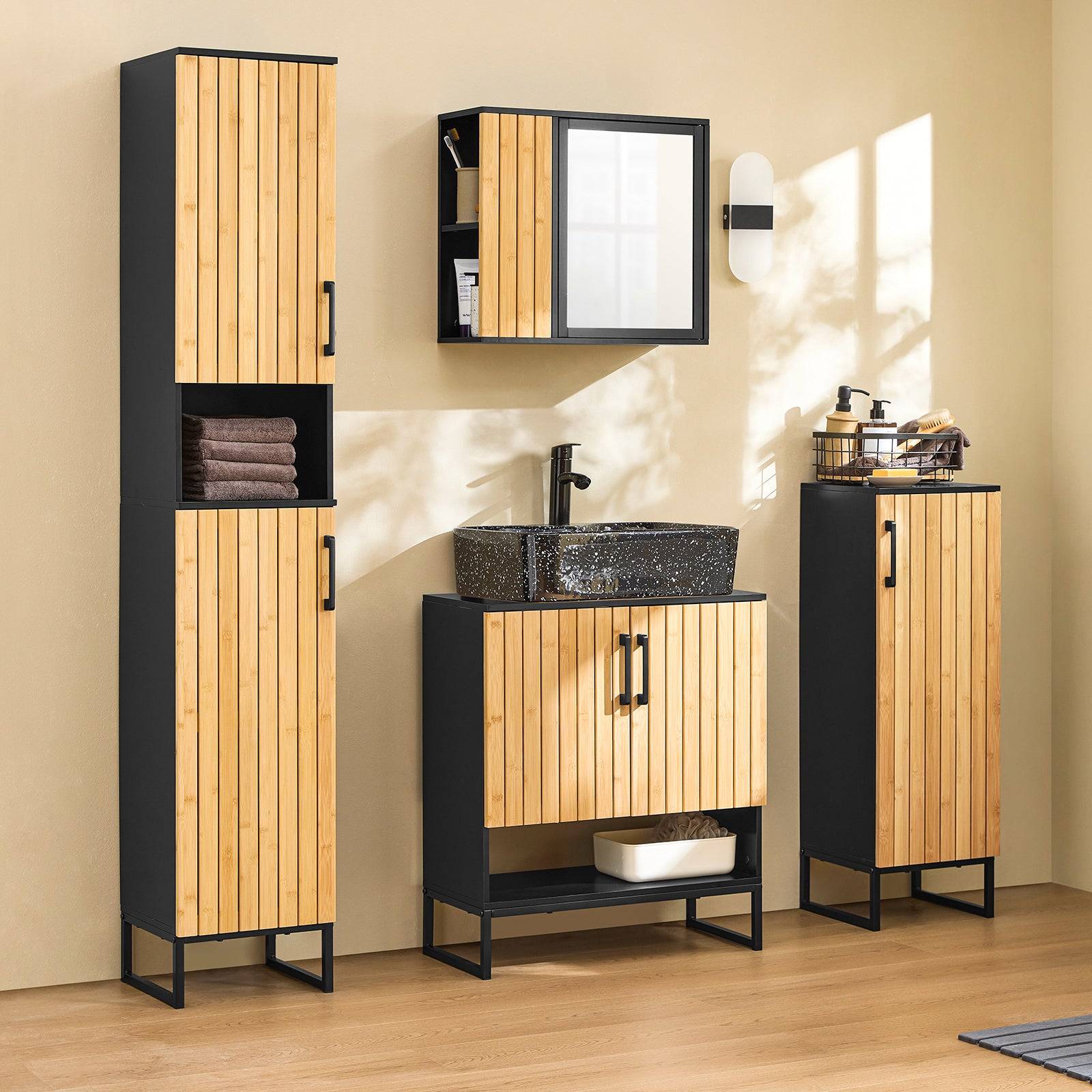 SoBuy Meuble de Rangement Étroit avec Portes en Bambou, Armoire WC Moderne pour Salle de Bains - Image 4