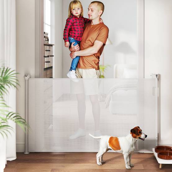 Barrière rétractable chien plastique porte couloir verrouillage auto 149cm blanc - ComfortXL Outdoor Living - Image 3