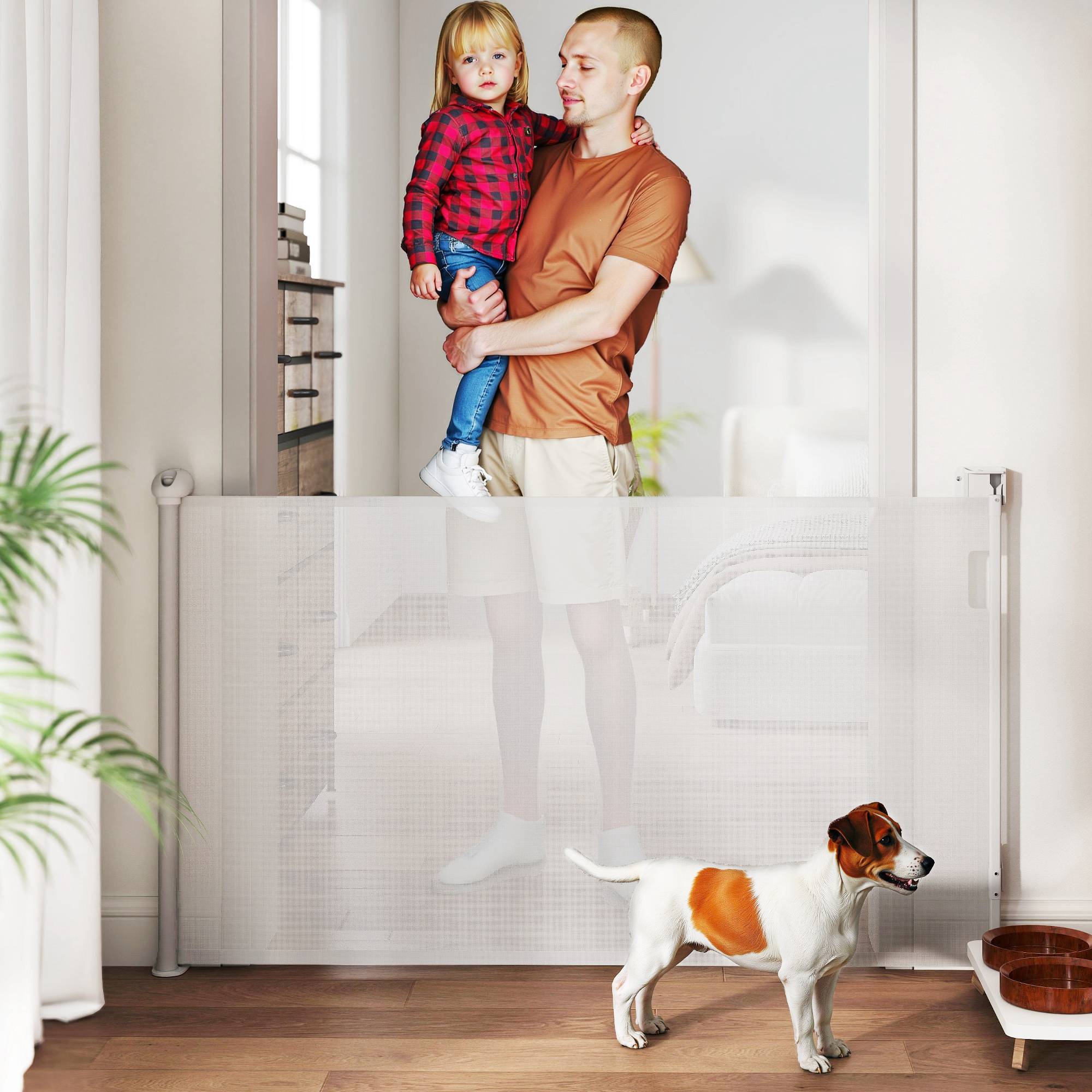 Barrière rétractable chien plastique porte couloir verrouillage auto 149cm blanc - ComfortXL Outdoor Living - Image 3