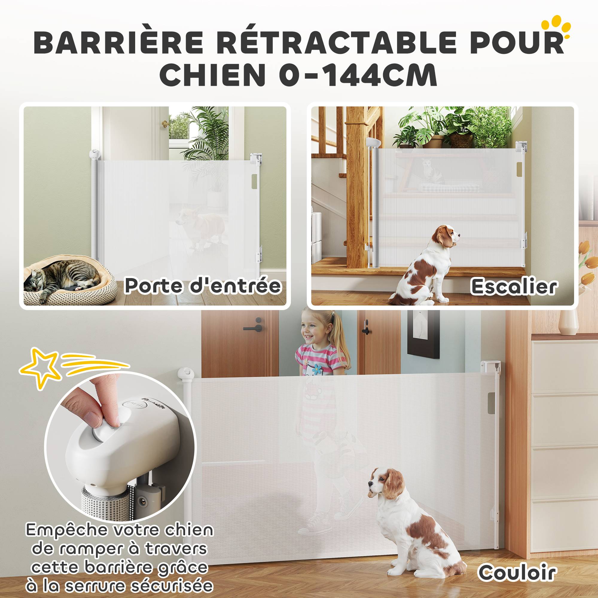 Barrière rétractable chien plastique porte couloir verrouillage auto 149cm blanc - ComfortXL Outdoor Living - Image 6