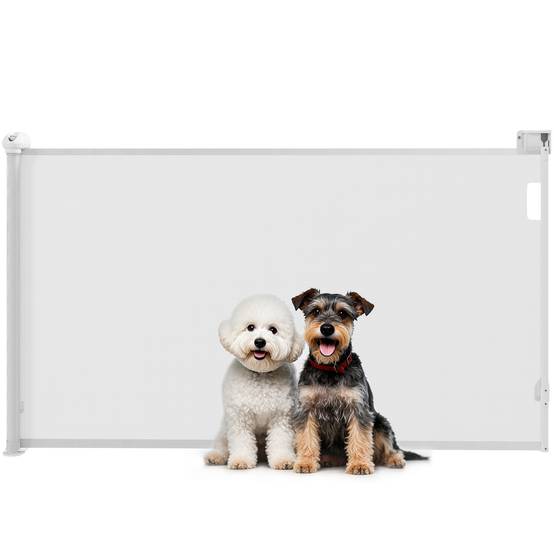 Barrière rétractable chien plastique porte couloir verrouillage auto 149cm blanc - ComfortXL Outdoor Living - Image 1