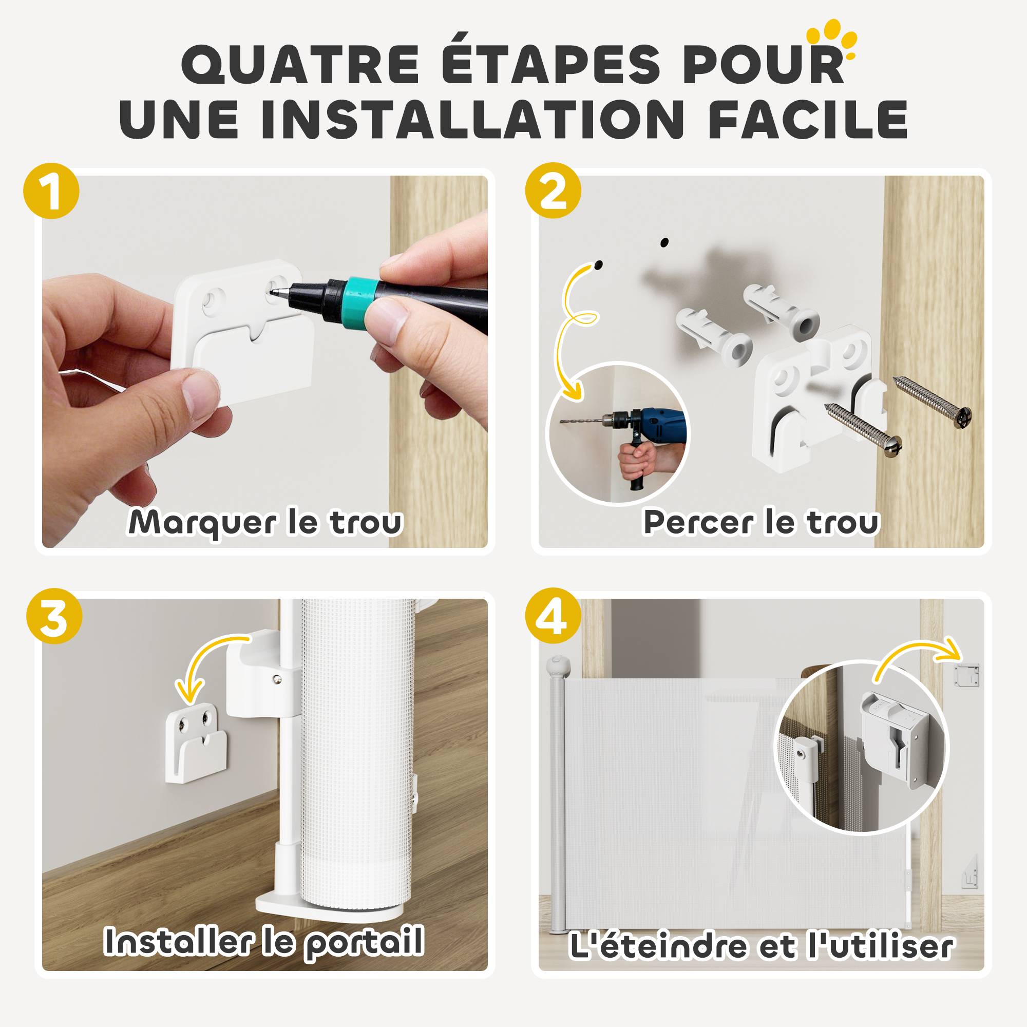 Barrière rétractable chien plastique porte couloir verrouillage auto 149cm blanc - ComfortXL Outdoor Living - Image 7