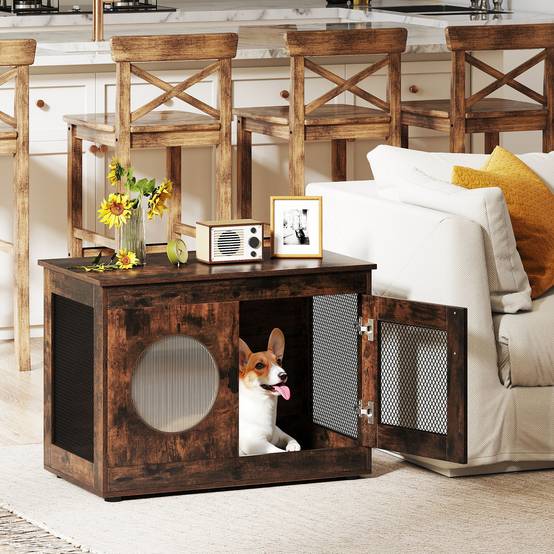 2 en 1 Cage pour Chien en Bois, Fenêtre Translucide, Verrouillage de Sécurité, Niche pour Chien Interieur, pour Petits & Moyens Chien, Brun Industriel - Image 3