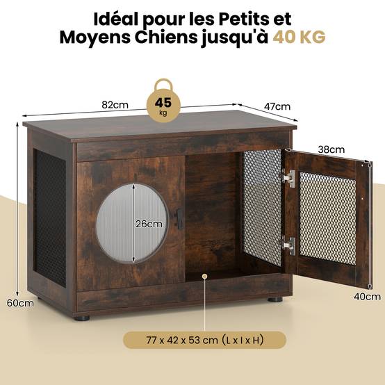2 en 1 Cage pour Chien en Bois, Fenêtre Translucide, Verrouillage de Sécurité, Niche pour Chien Interieur, pour Petits & Moyens Chien, Brun Industriel - Image 4