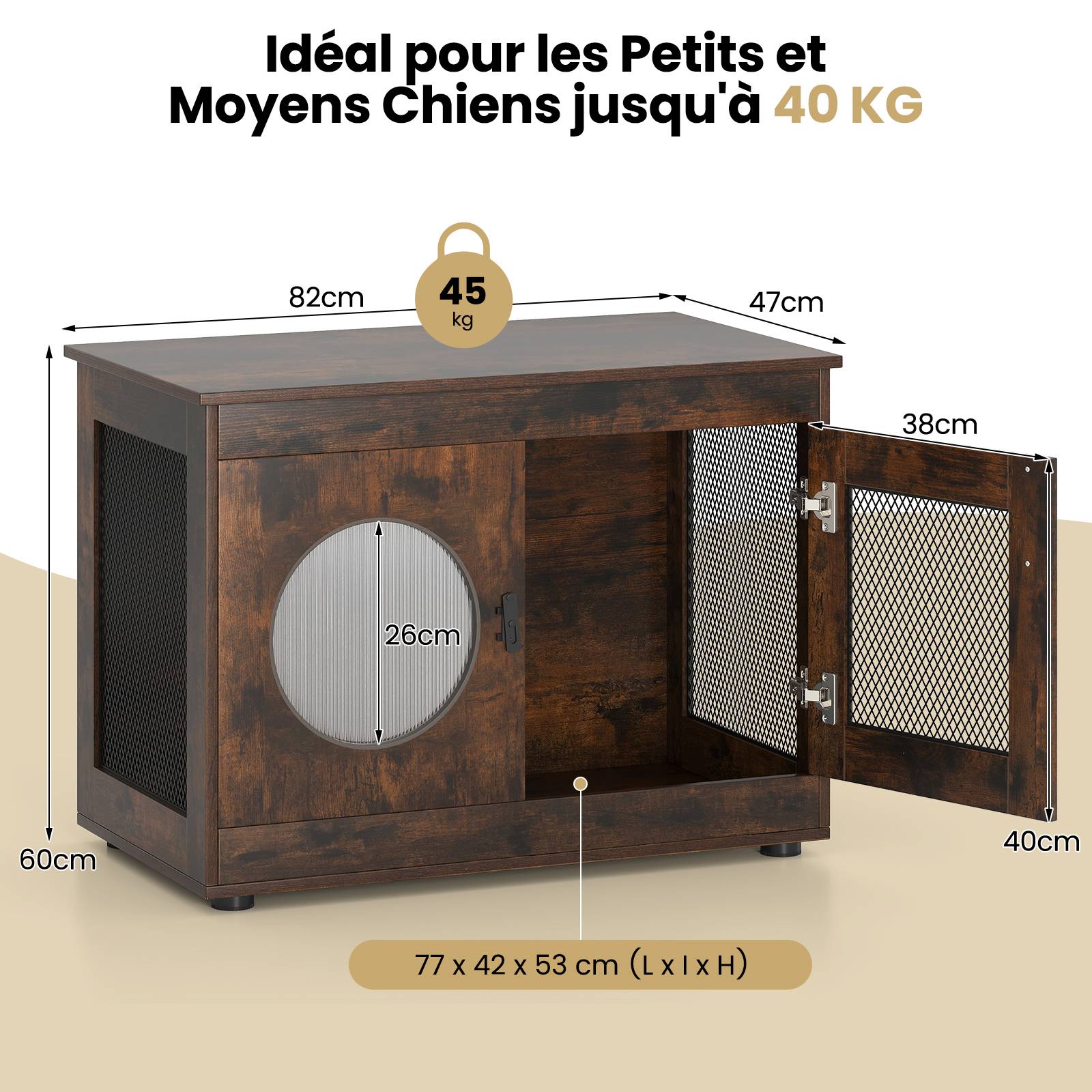 2 en 1 Cage pour Chien en Bois, Fenêtre Translucide, Verrouillage de Sécurité, Niche pour Chien Interieur, pour Petits & Moyens Chien, Brun Industriel - Image 4