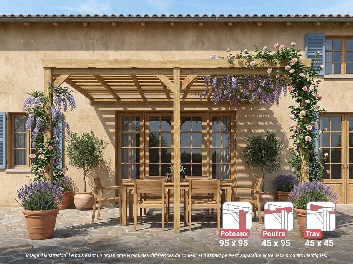 Pergola adossée en bois Montpellier 500 x 400 cm + 3 supports surélevés - Maderland - Image 1
