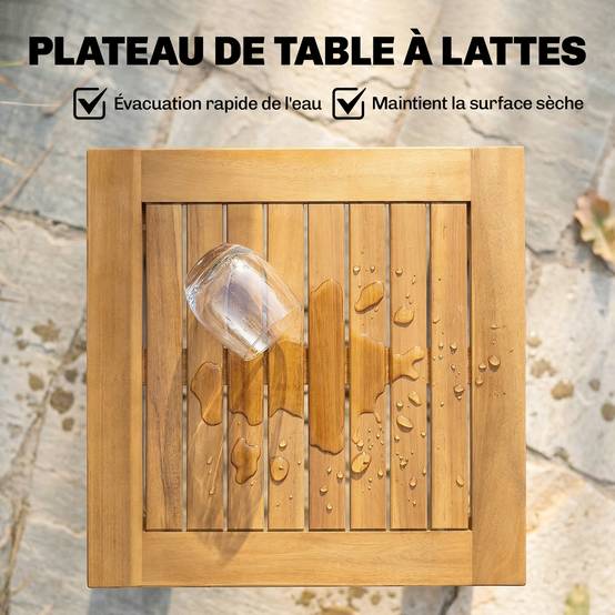 Table Basse de Jardin Carrée en Bois d'acacia Massif, avec Plateau à Lattes, Pieds Réglables, 48x48x46cm, Naturel - Image 7
