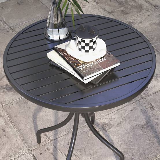 Table de jardin ronde Ø66cm, table d'exterieur en acier galvanisé avec plateau à lattes pour terrasse, balcon, noir - Image 9