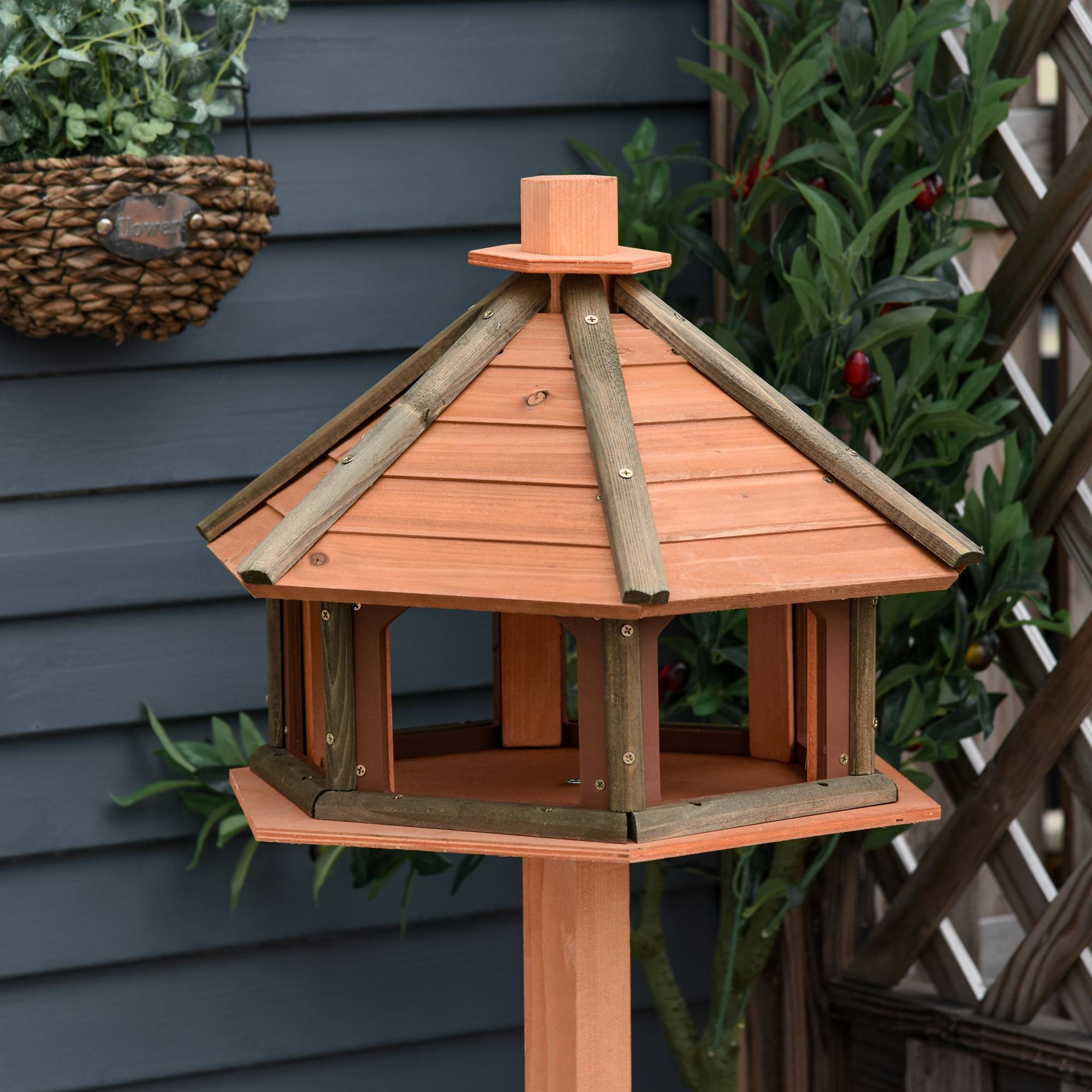 ComfortXL - Mangeoire oiseaux sur pied en sapin naturel Ø52 x 130 cm jardin extérieur toit résistant aux intempéries - Image 9