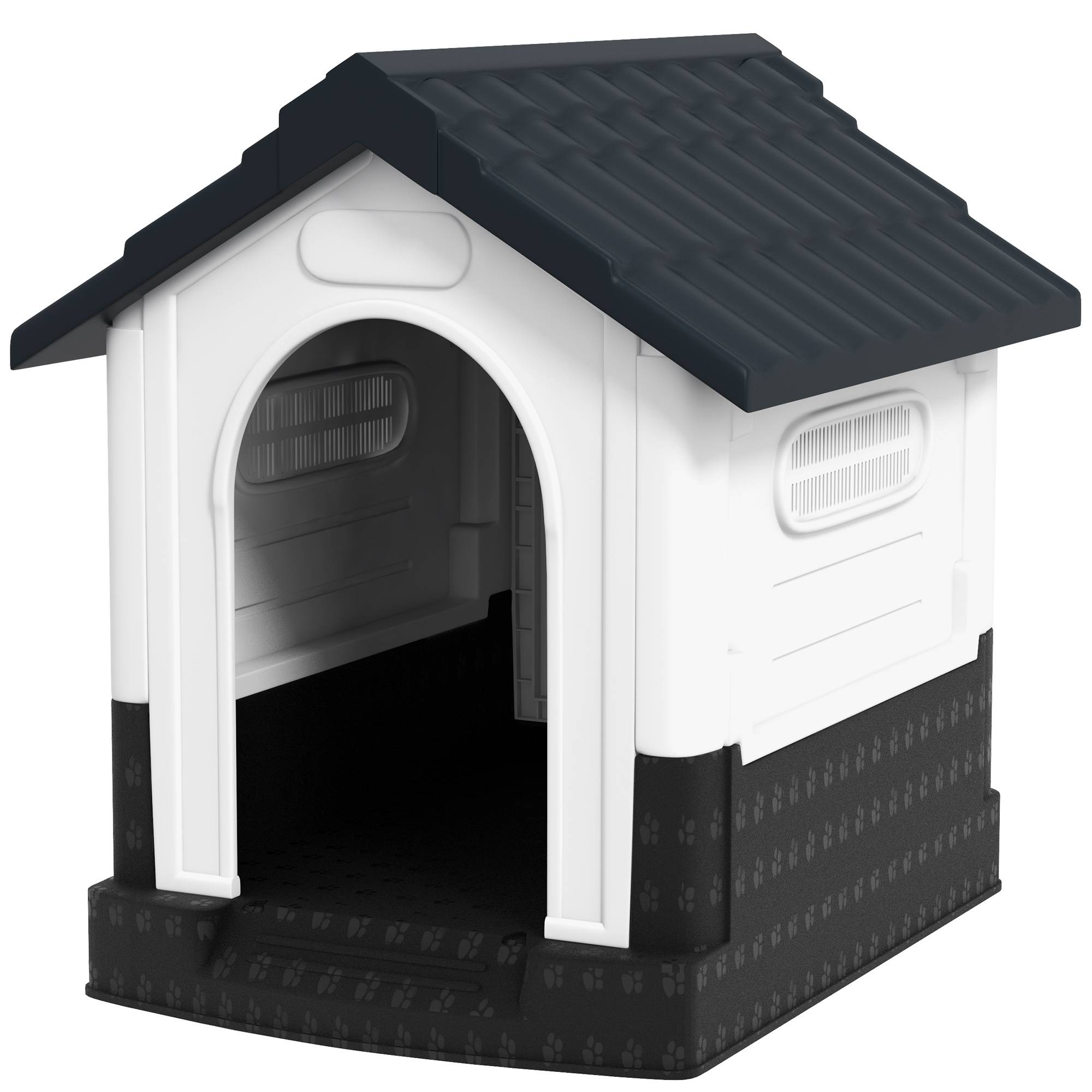 Petite niche extérieure plastique, 3 fenêtres, base surélevée, toit incliné, 64,5x57x66 cm, gris foncé - Image 2