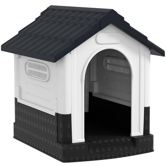 Petite niche extérieure plastique, 3 fenêtres, base surélevée, toit incliné, 64,5x57x66 cm, gris foncé - Image 1
