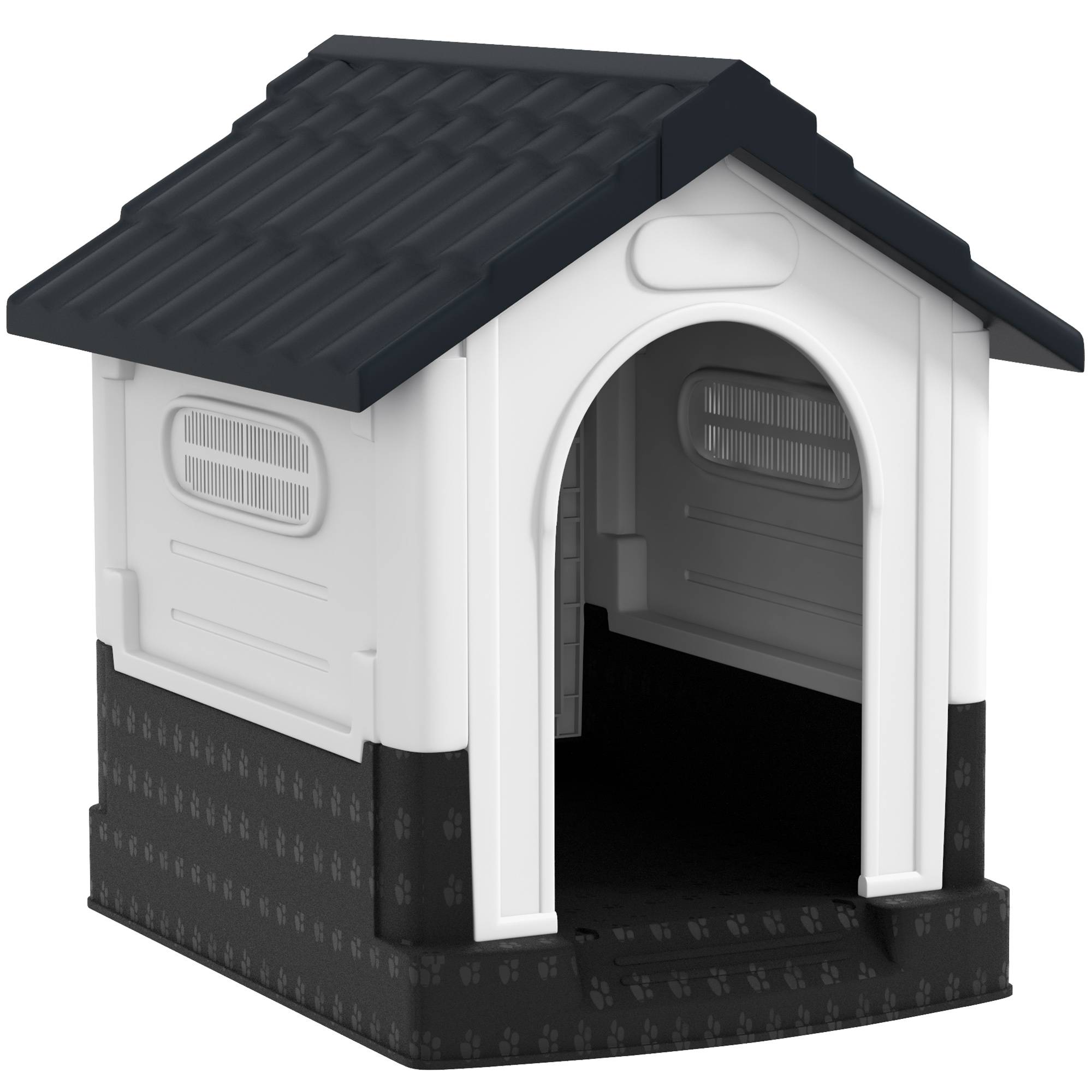 Petite niche extérieure plastique, 3 fenêtres, base surélevée, toit incliné, 64,5x57x66 cm, gris foncé - Image 1