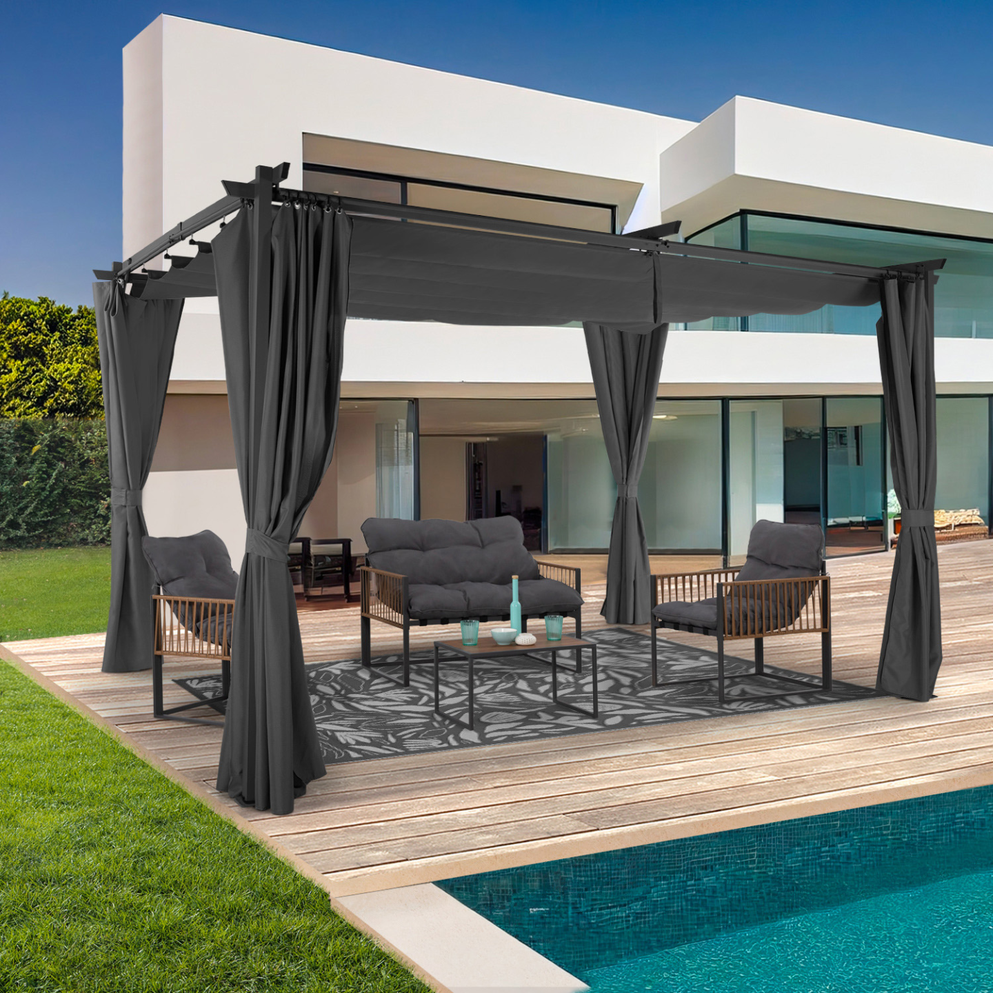 Pergola édition limitée toit rétractable 3x4 M et 4 rideaux gris anthracite - Image 3