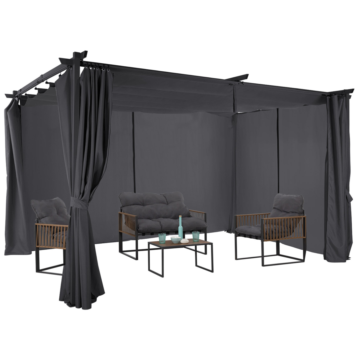 Pergola édition limitée toit rétractable 3x4 M et 4 rideaux gris anthracite - Image 2