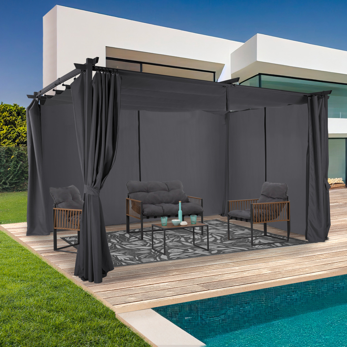 Pergola édition limitée toit rétractable 3x4 M et 4 rideaux gris anthracite - Image 1