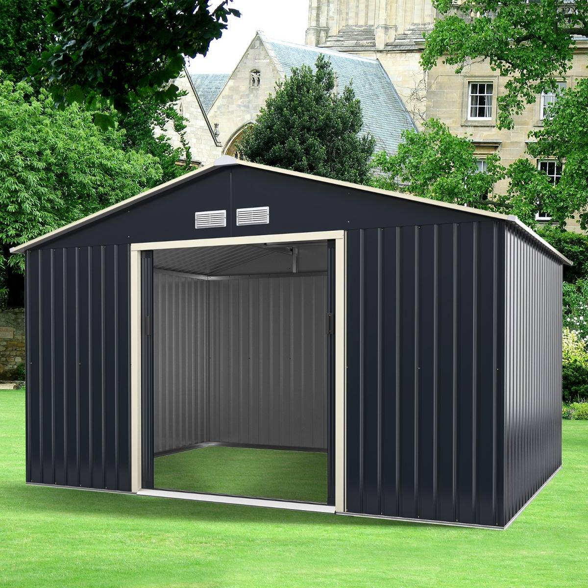 Abri pour Vélo Métal 8,67 ㎡ 340x255x210cm 2 Portes Coulissantes 4 Trous d'Aération Gris - Image 2