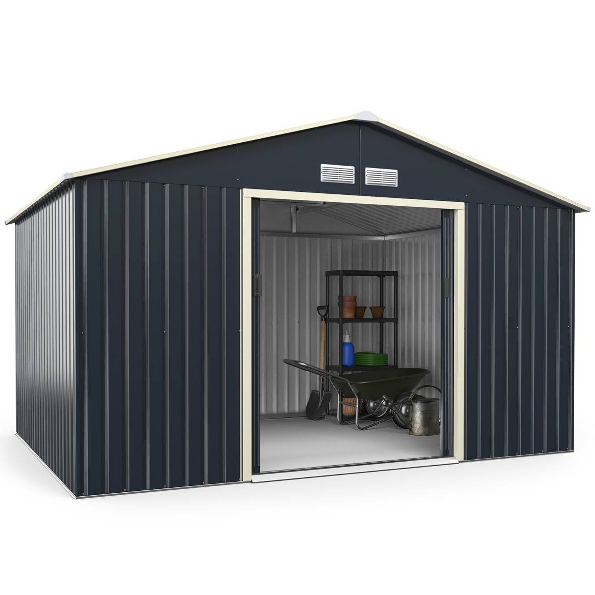 Abri pour Vélo Métal 8,67 ㎡ 340x255x210cm 2 Portes Coulissantes 4 Trous d'Aération Gris - Image 1