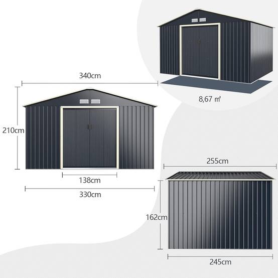 Abri de Jardin en Métal-8,7㎡-2 Portes Coulissantes-4 Trous d’Aération-340 x 255 x 210 cm-Gris - Image 5