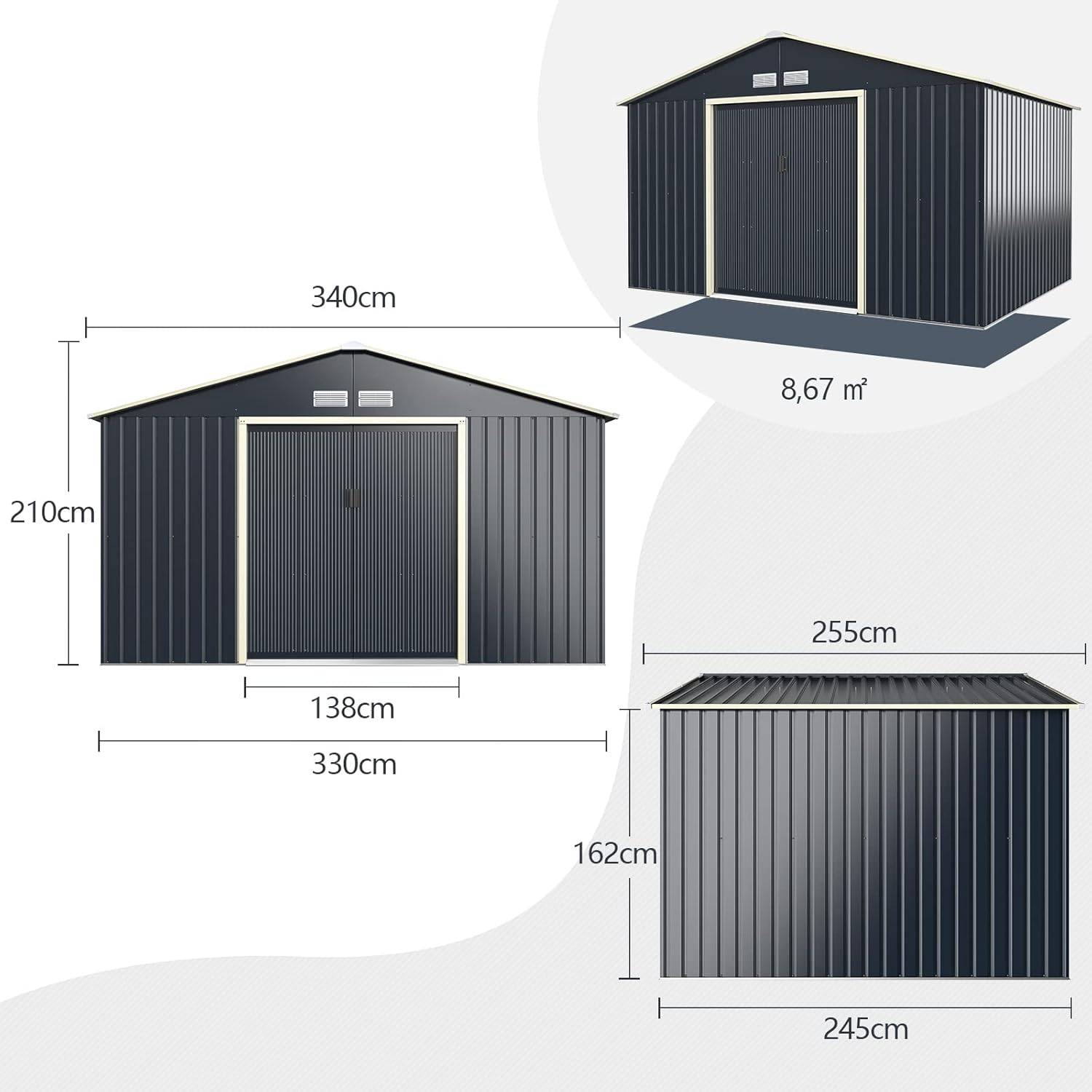 Abri de Jardin en Métal-8,7㎡-2 Portes Coulissantes-4 Trous d’Aération-340 x 255 x 210 cm-Gris - Image 5