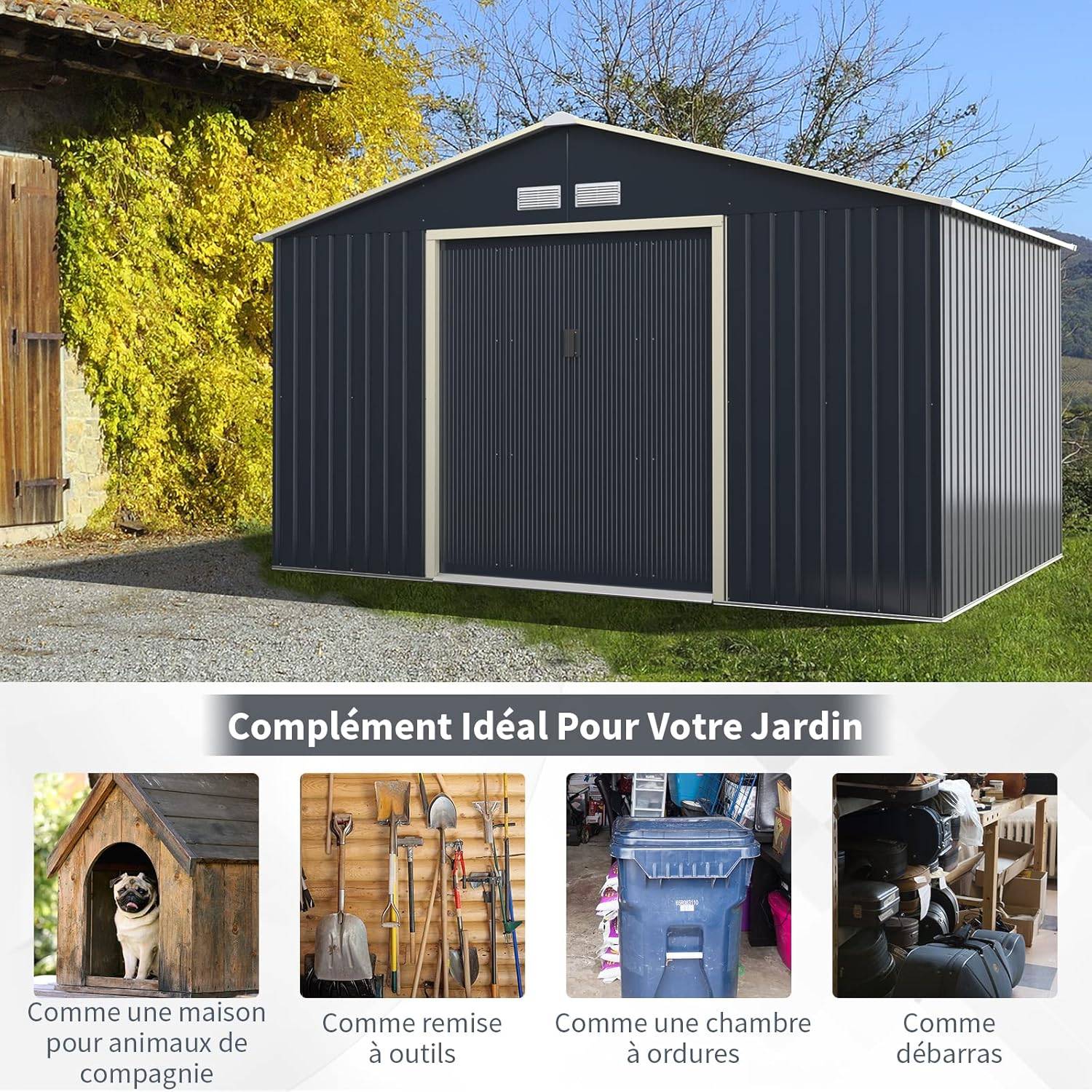 Abri de Jardin en Métal-8,7㎡-2 Portes Coulissantes-4 Trous d’Aération-340 x 255 x 210 cm-Gris - Image 7
