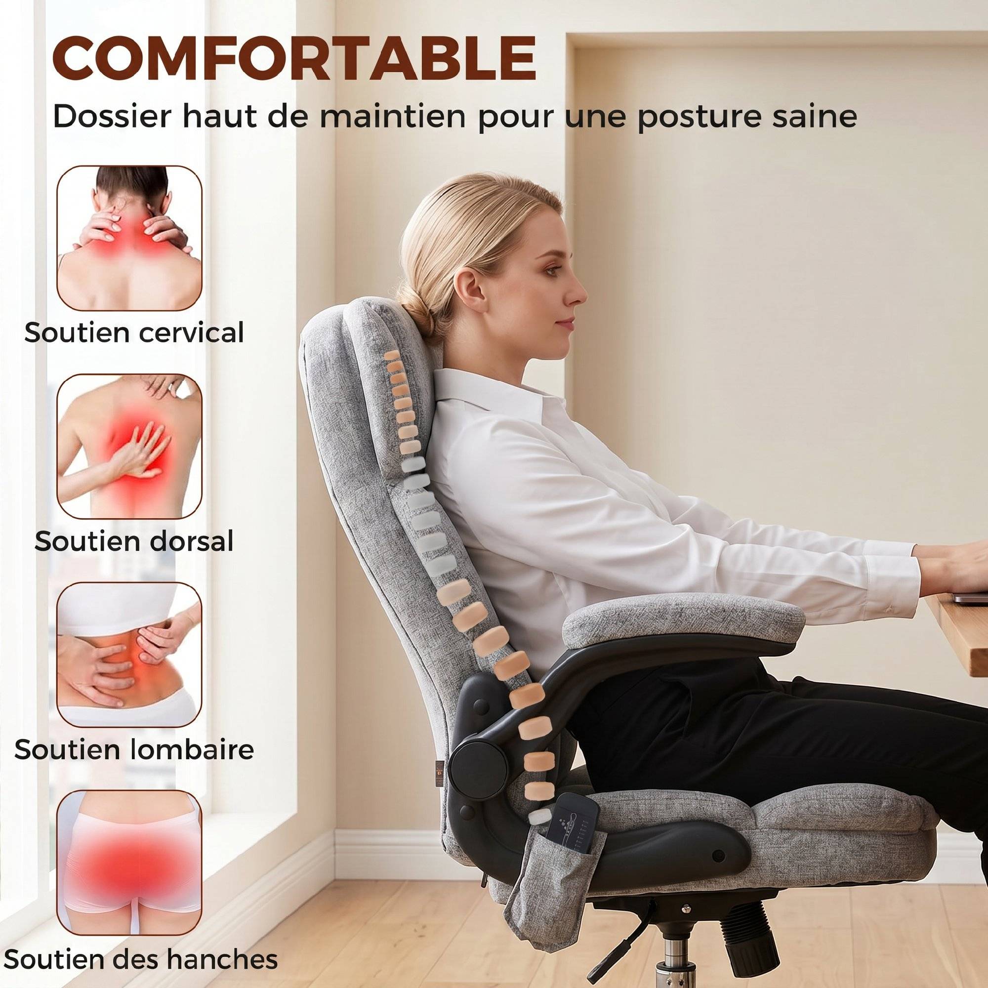 Sans Marque - Fauteuil de bureau massant et chauffant, chaise de bureau ergonomique avec hauteur réglable, fonction à bascule, gris - Image 8