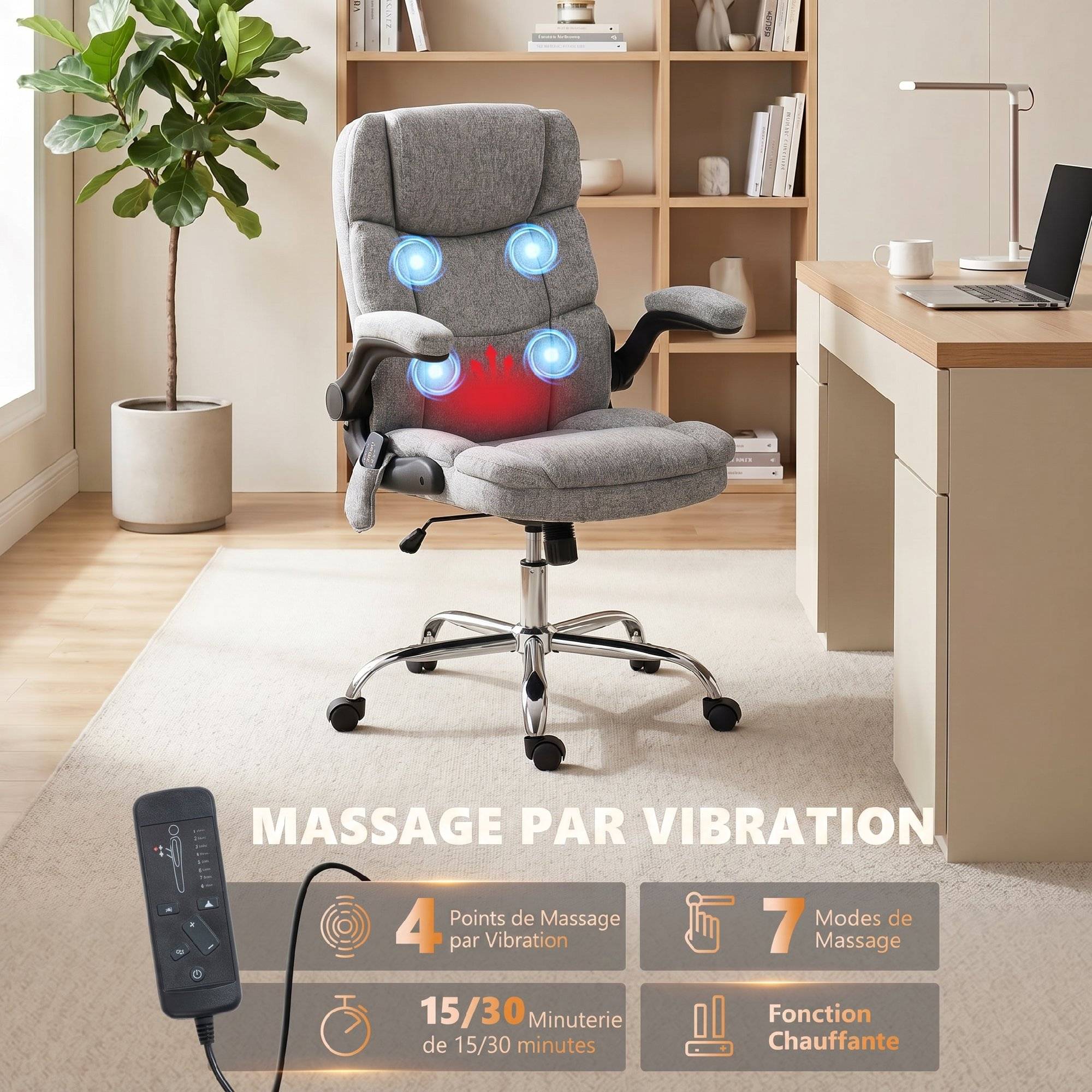 Sans Marque - Fauteuil de bureau massant et chauffant, chaise de bureau ergonomique avec hauteur réglable, fonction à bascule, gris - Image 6