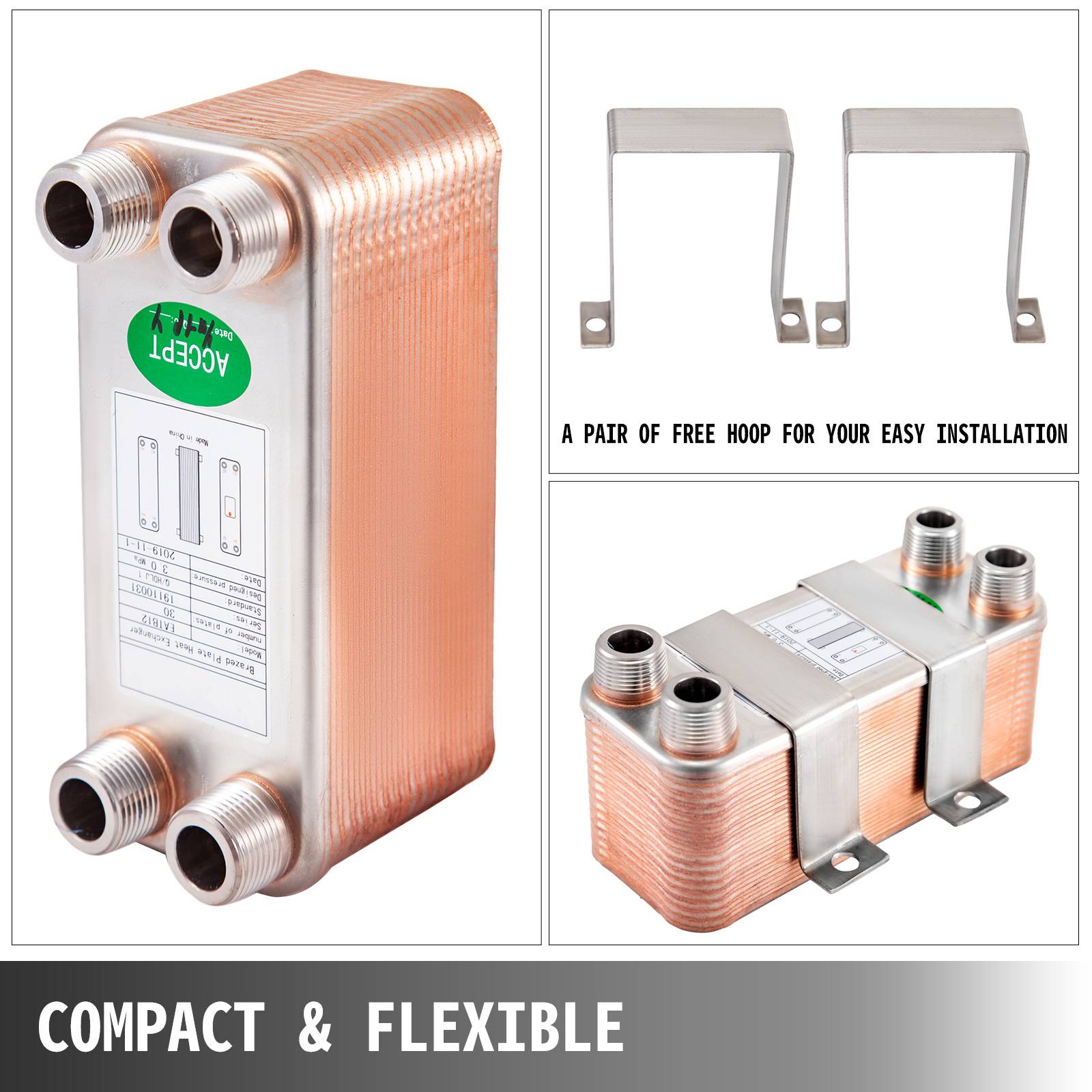 VEVOR Échangeur thermique à plaques brasées, 30 plaques. Pour refroidissement huile, réfrigérant, HVAC. - Image 6