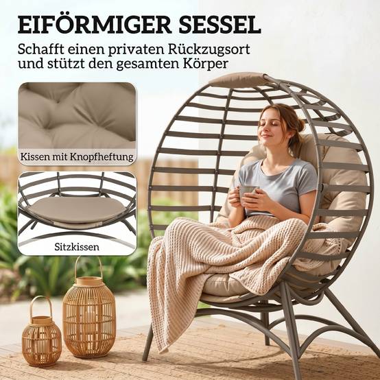 ComfortXL - Fauteuil Papasan acier et polyester sable 118 x 77 x 139 cm intérieur extérieur pliable avec coussin - Image 5
