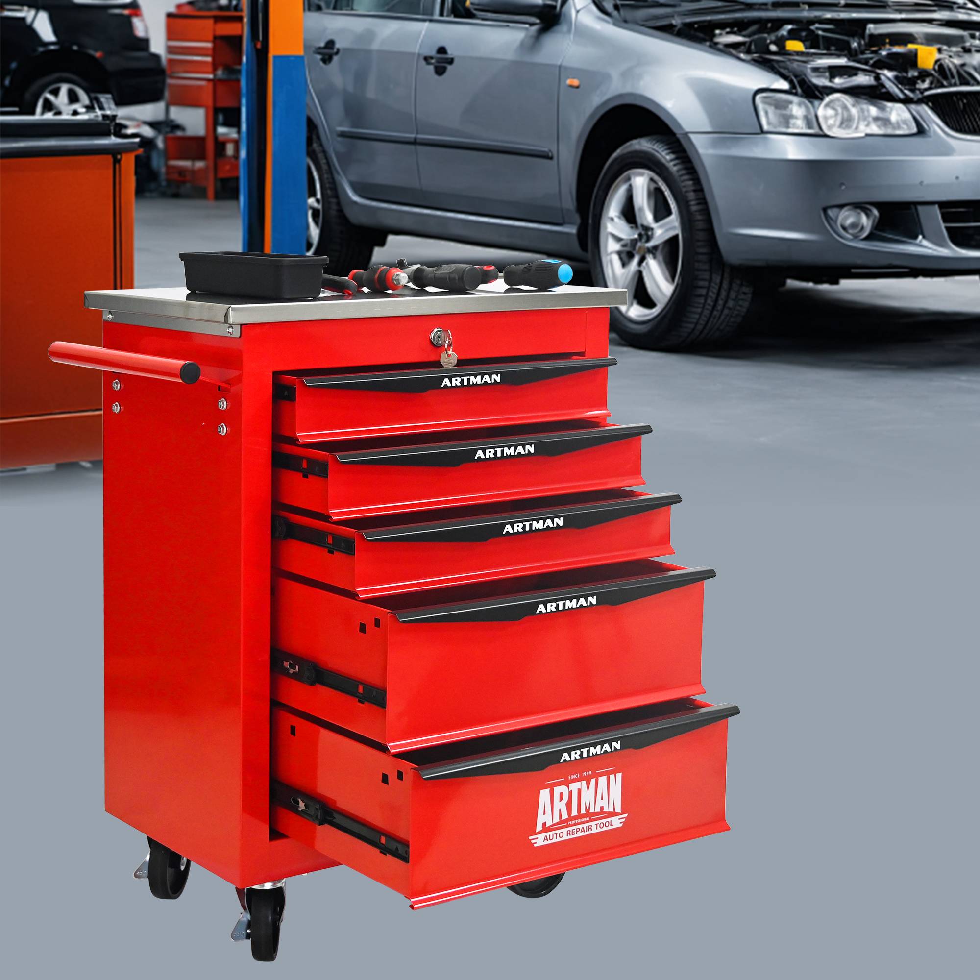 Servante Atelier 5 Tiroirs Acier Roulante Garage Verrouillable Rouge/Noir - ComfortXL Outdoor Living - Image 1